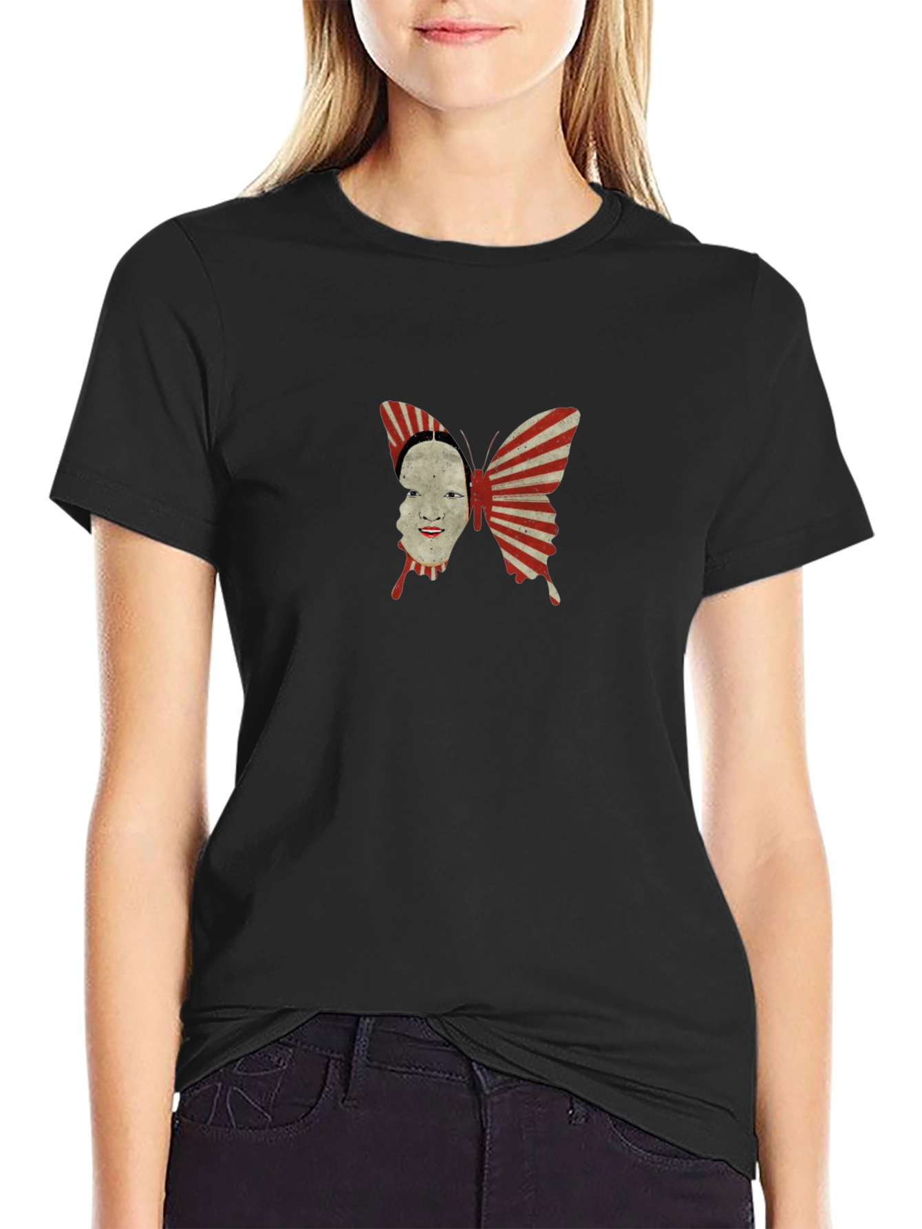 Abstract Butterfly Face Graphic Black T-Shirt