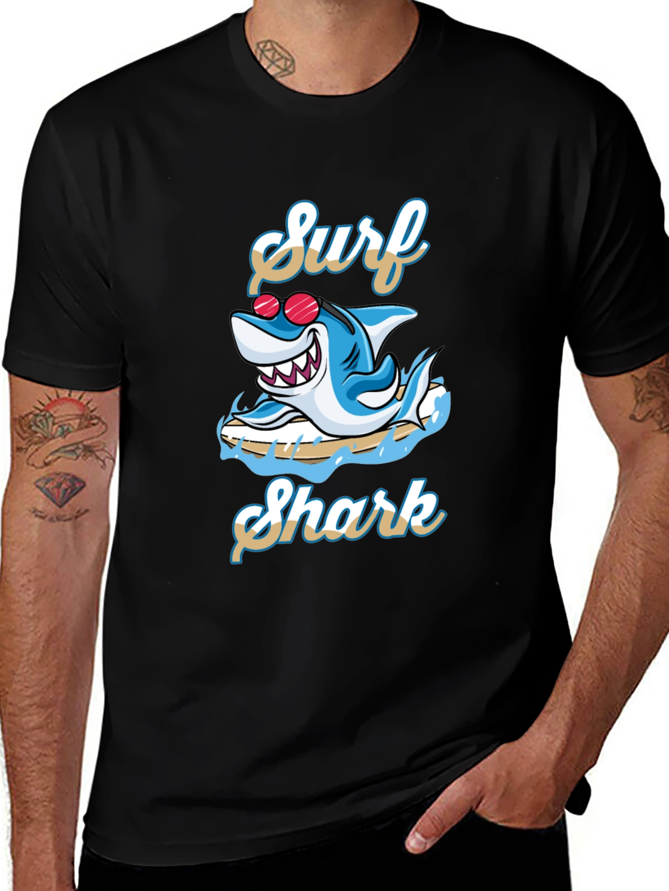 Surf Shark Graphic Tee - Black Cotton T-Shirt