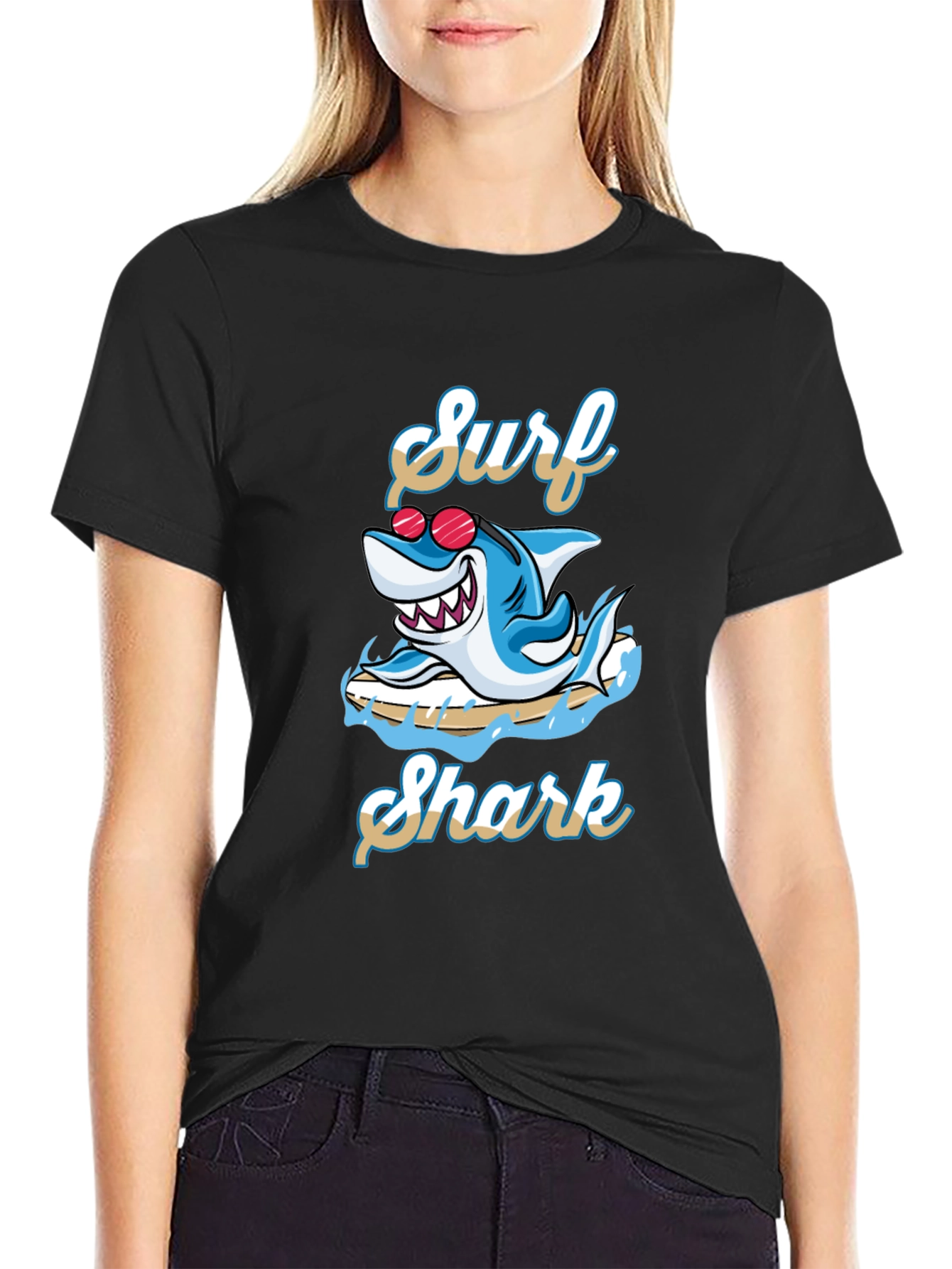 Surf Shark Graphic Tee - Black Cotton T-Shirt