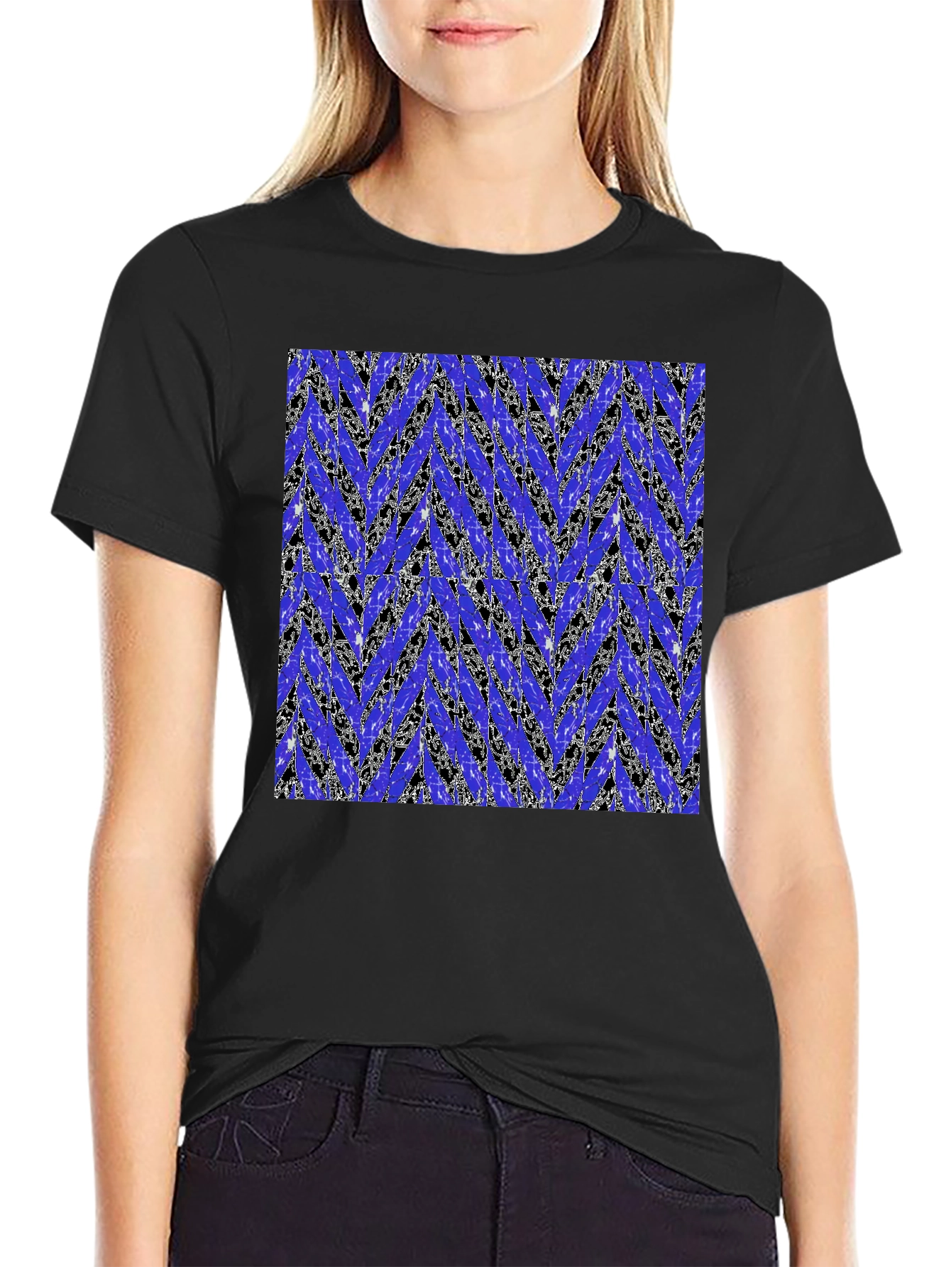 Abstract Blue Chevron Print Mens Black T-Shirt