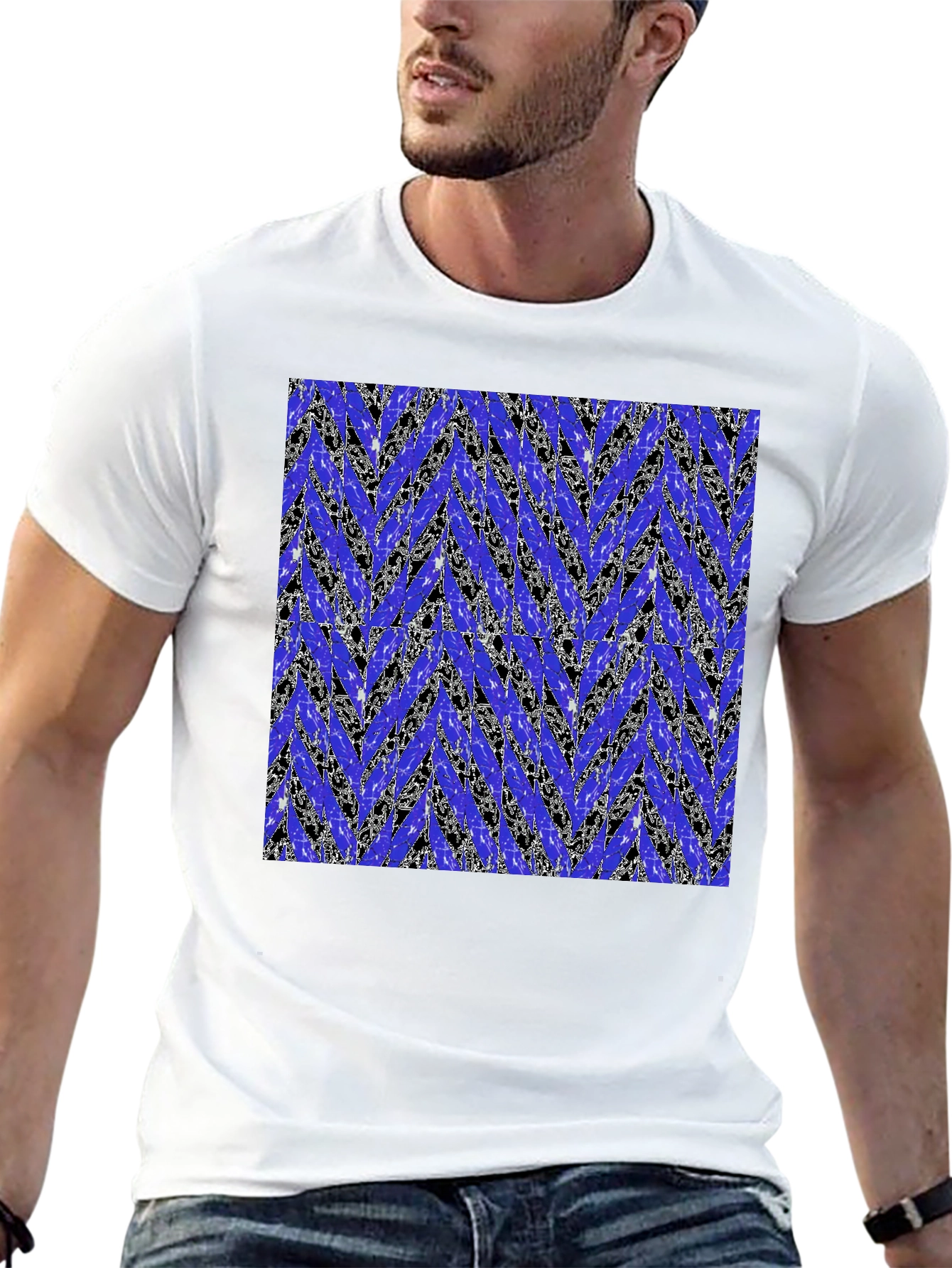 Abstract Blue Chevron Print Mens Black T-Shirt
