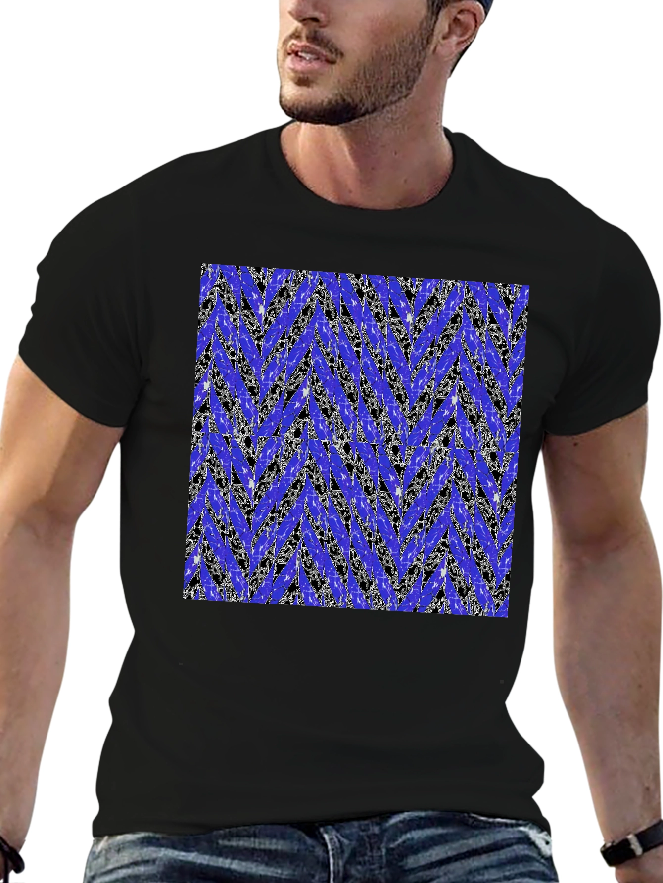 Abstract Blue Chevron Print Mens Black T-Shirt