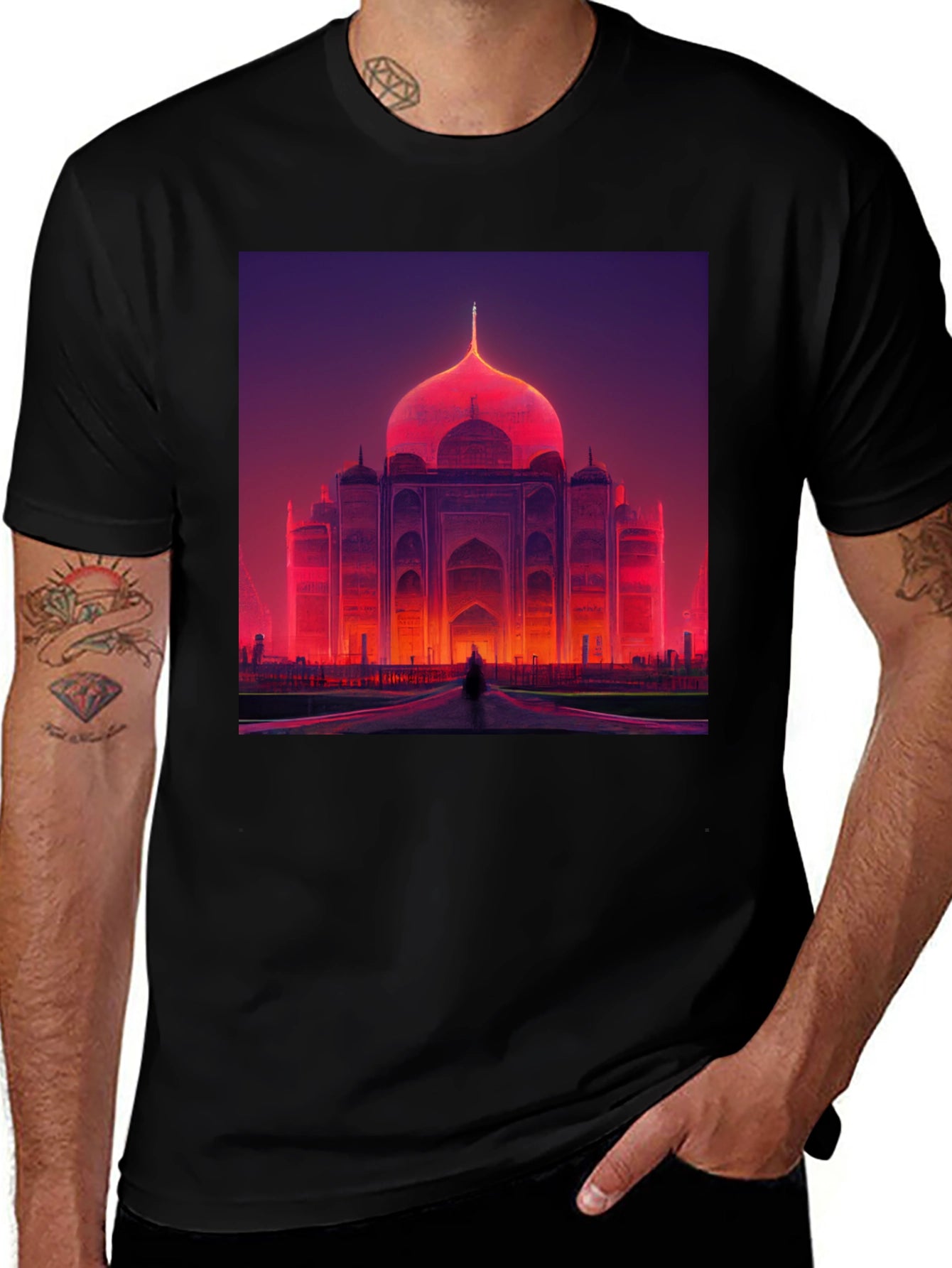 Taj Mahal Graphic Tee - Vibrant Neon Architecture Print