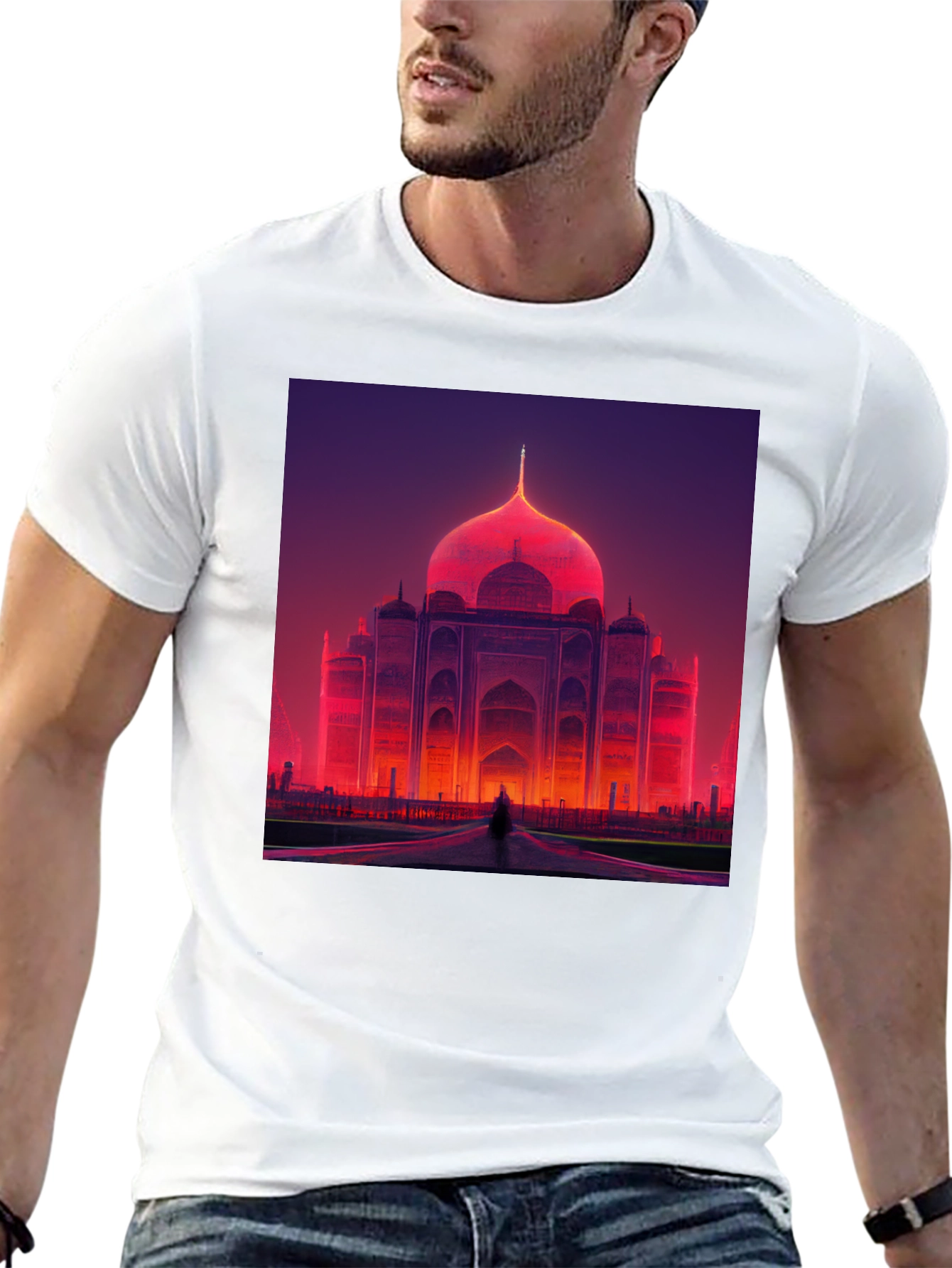 Taj Mahal Graphic Tee - Vibrant Neon Architecture Print