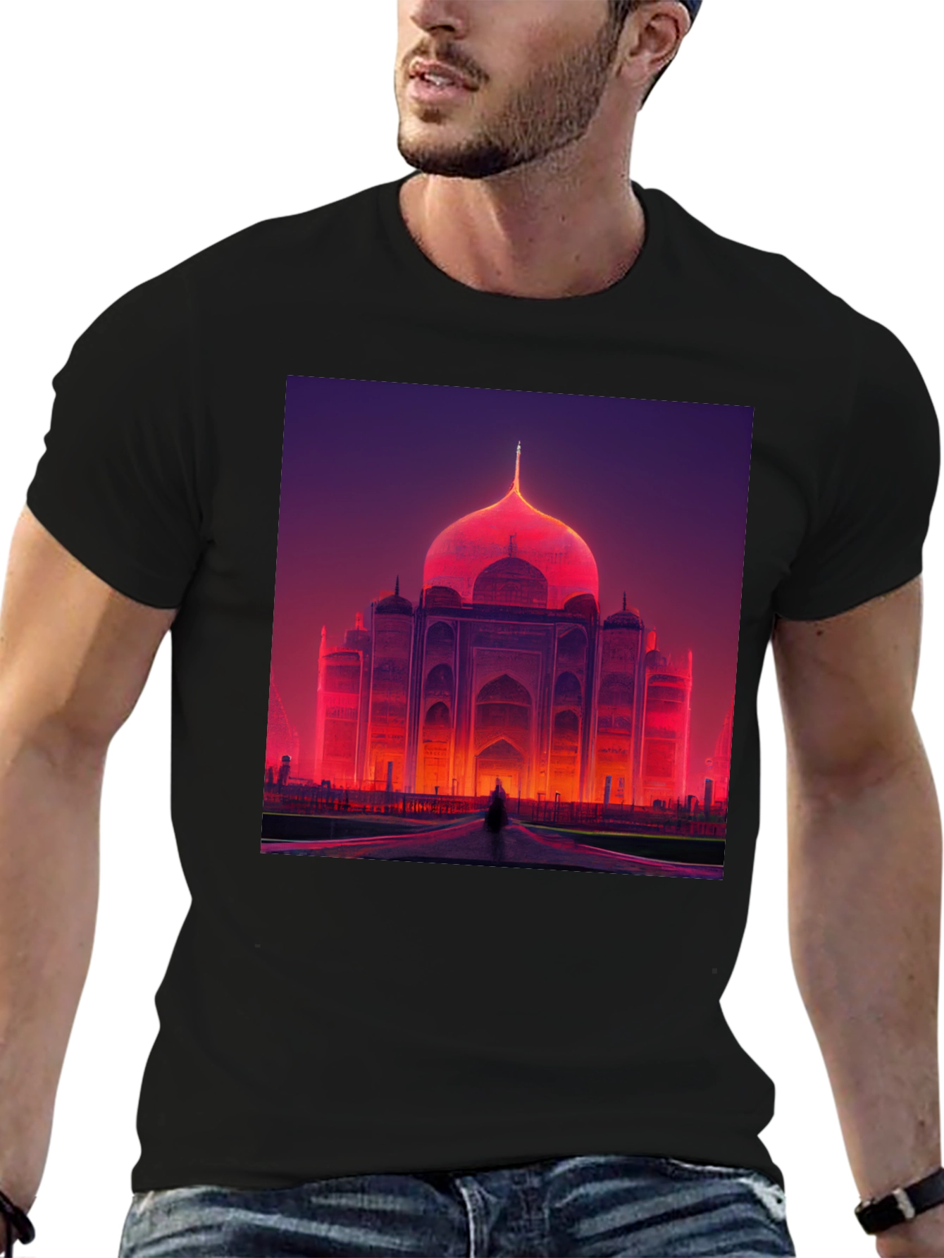 Taj Mahal Graphic Tee - Vibrant Neon Architecture Print