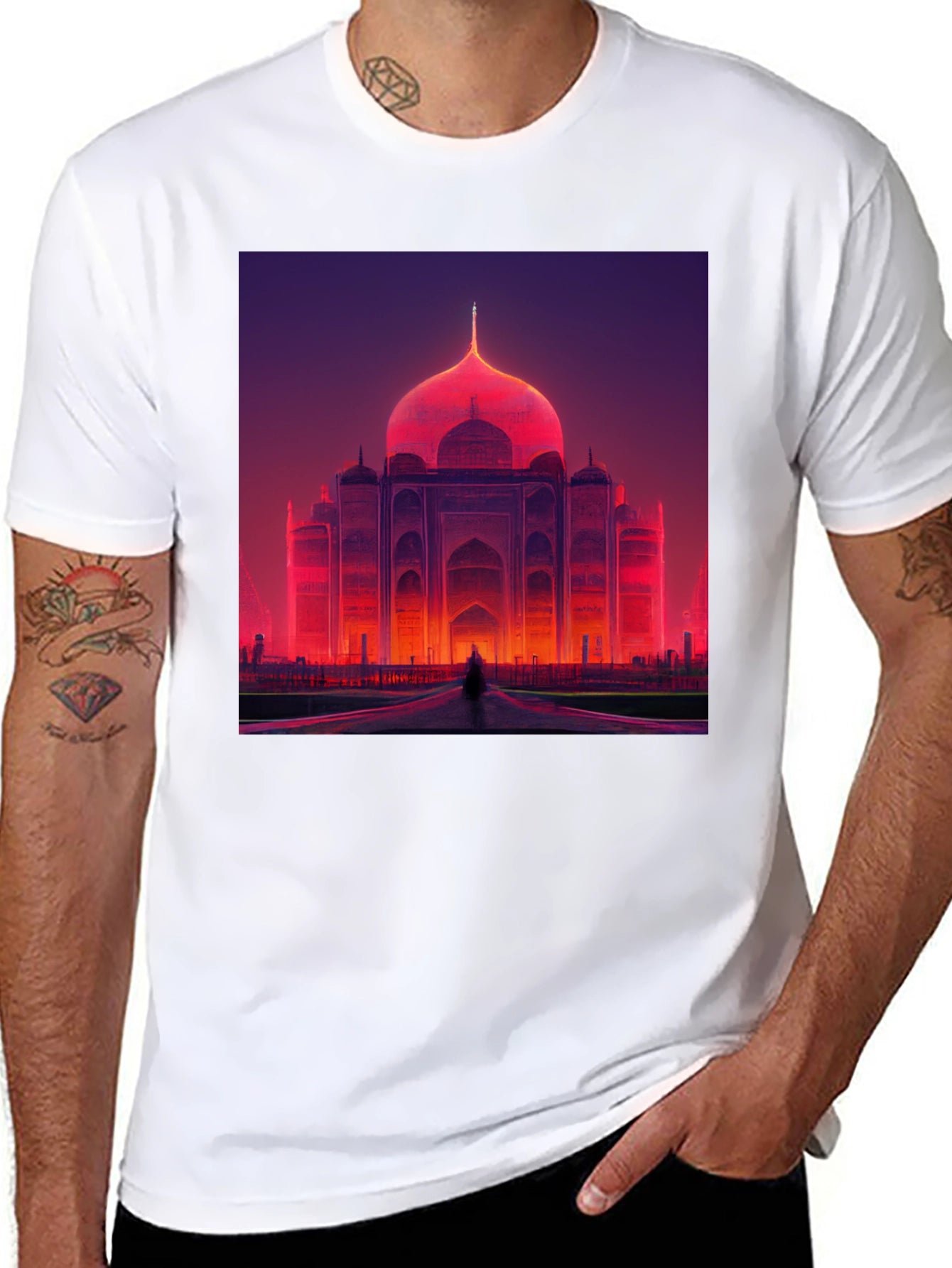 Taj Mahal Graphic Tee - Vibrant Neon Architecture Print