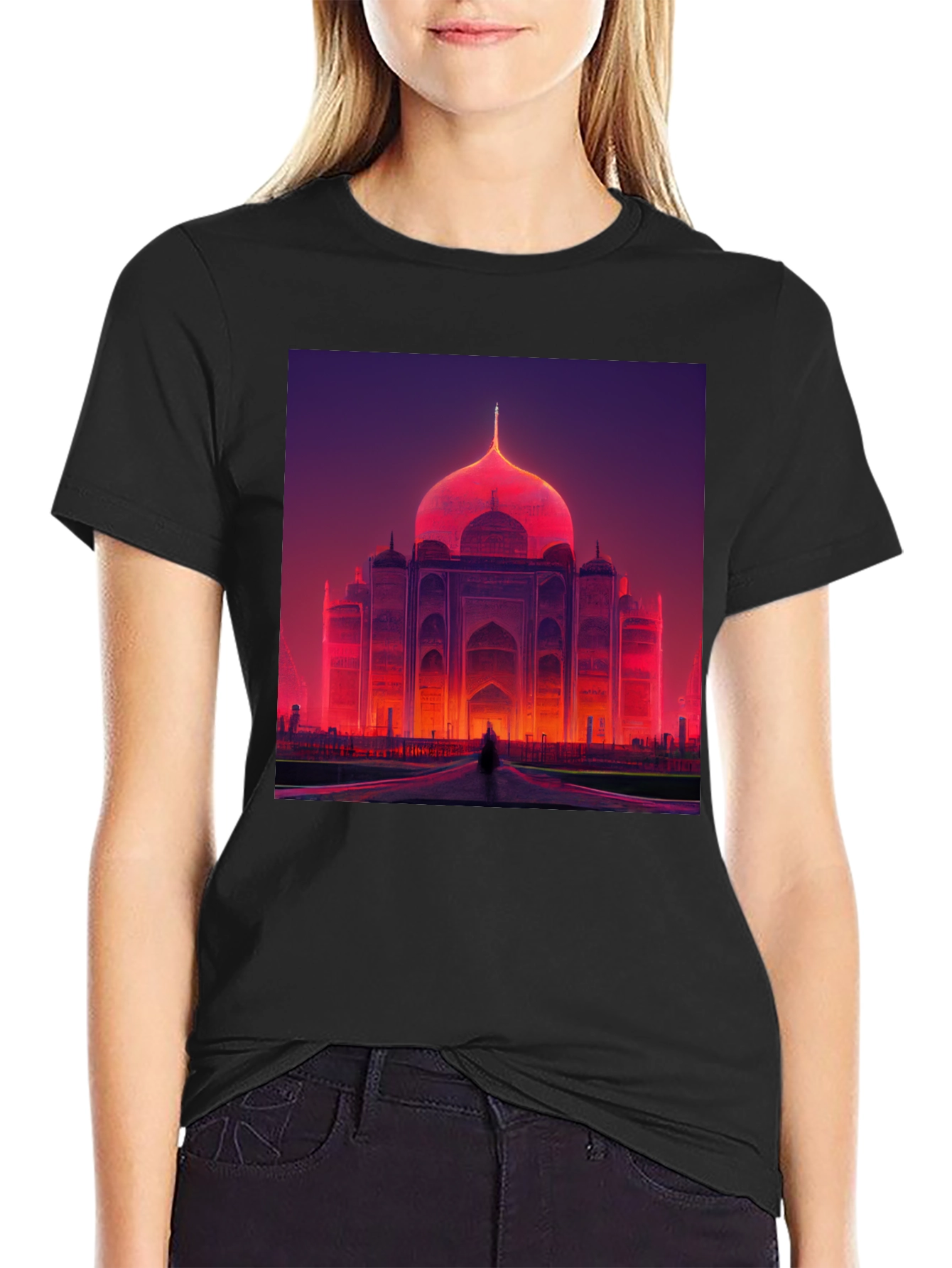 Taj Mahal Graphic Tee - Vibrant Neon Architecture Print