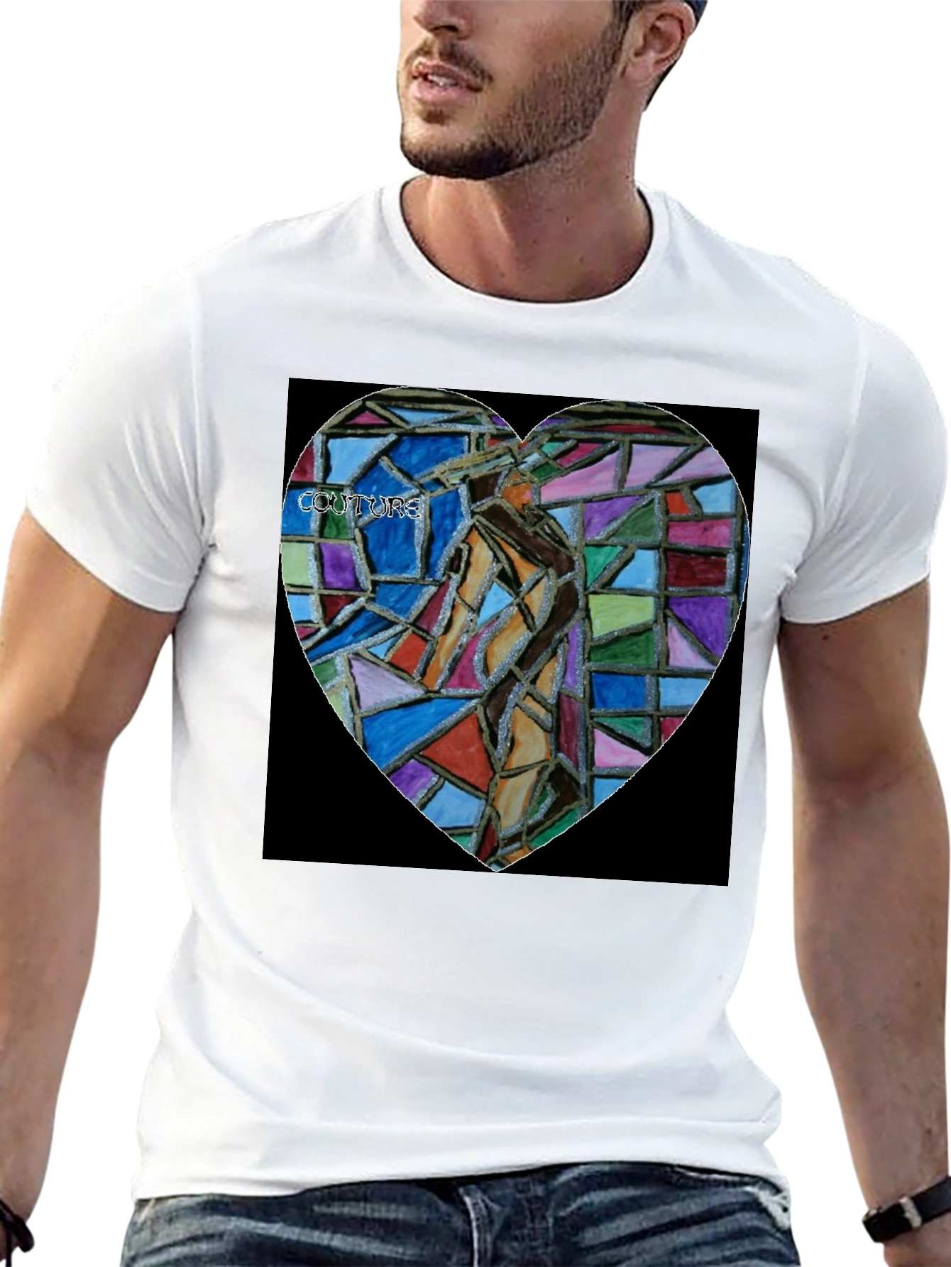 Abstract Mosaic Heart Graphic Tee - Black Cotton Blend