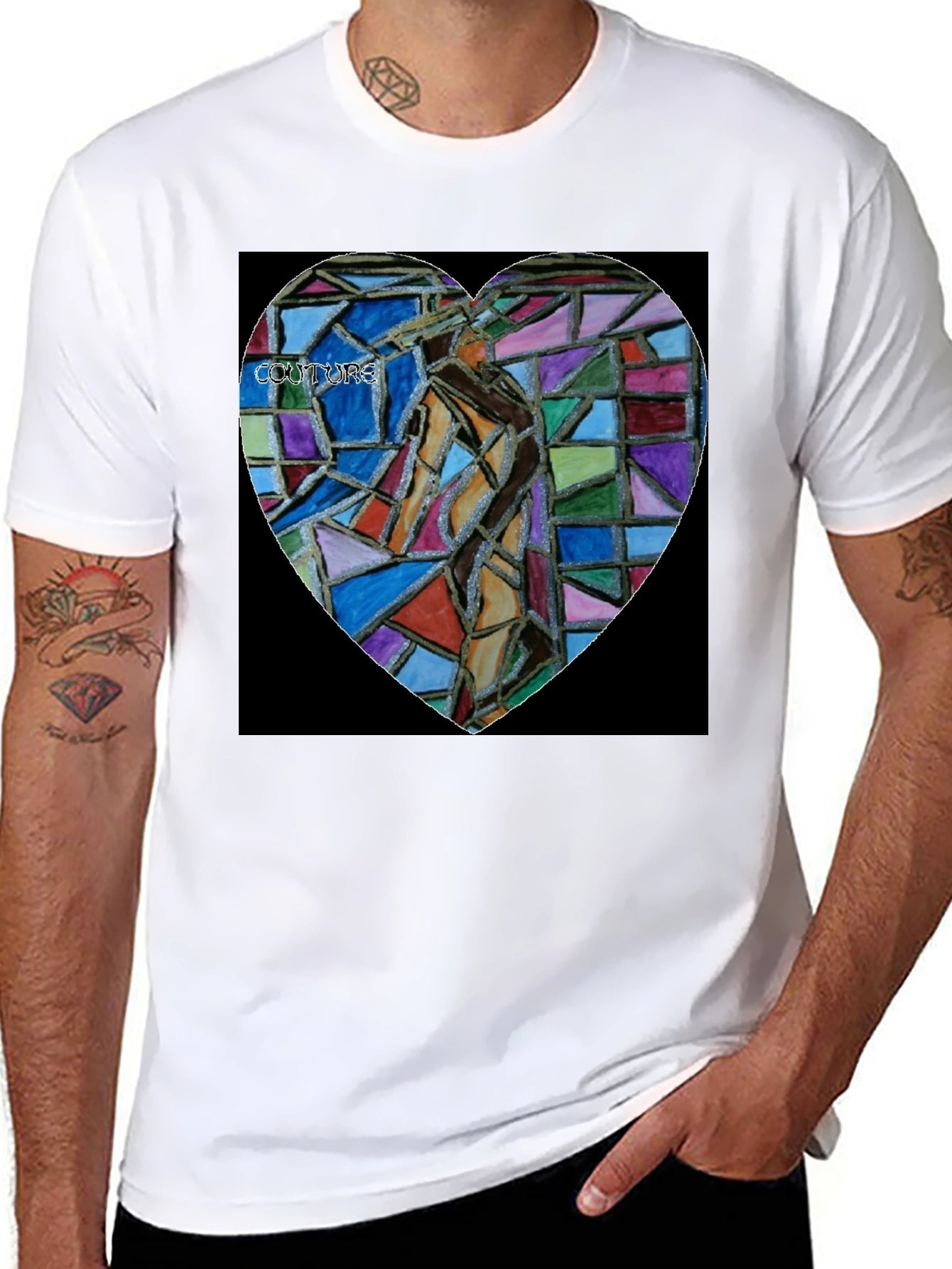 Abstract Mosaic Heart Graphic Tee - Black Cotton Blend