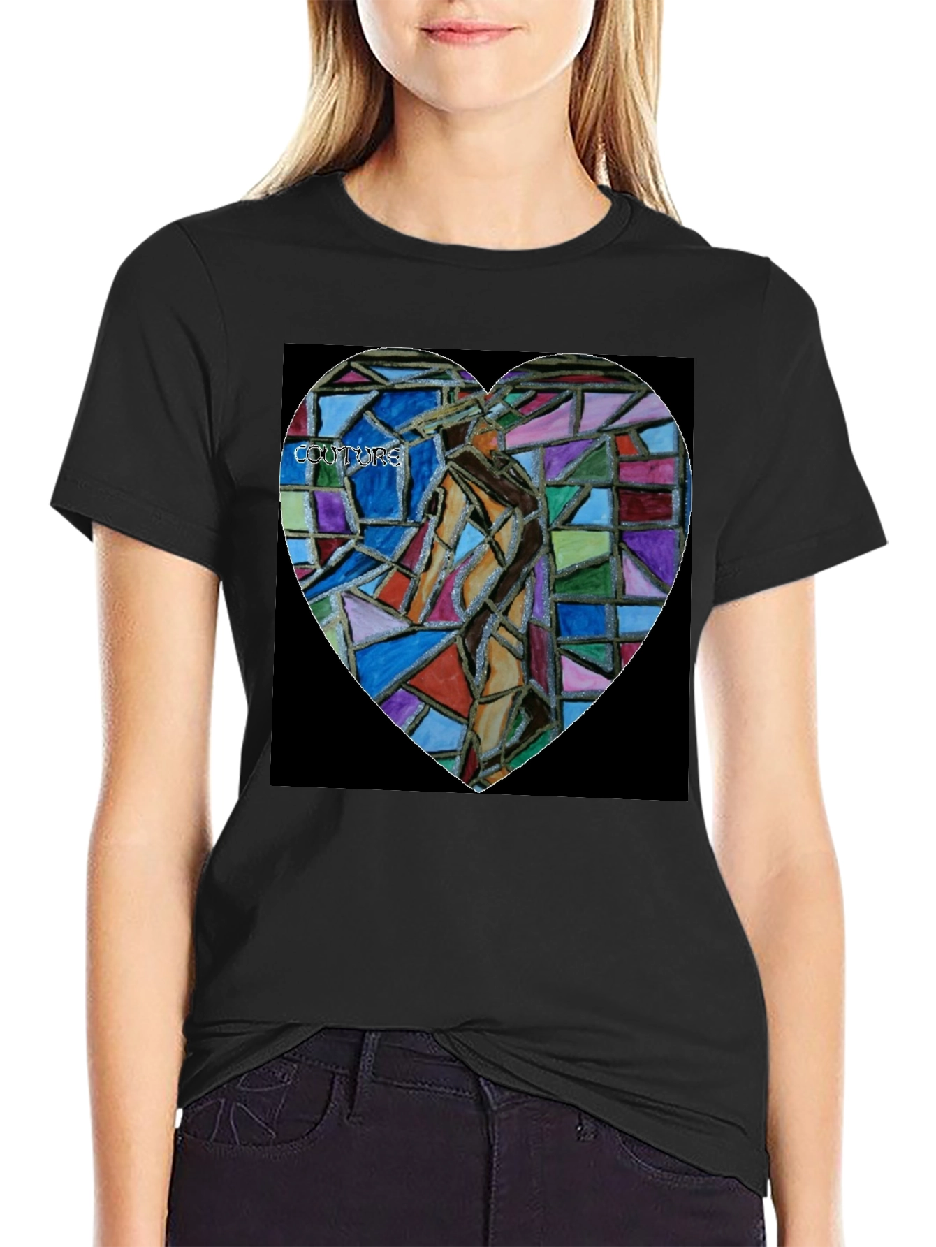 Abstract Mosaic Heart Graphic Tee - Black Cotton Blend