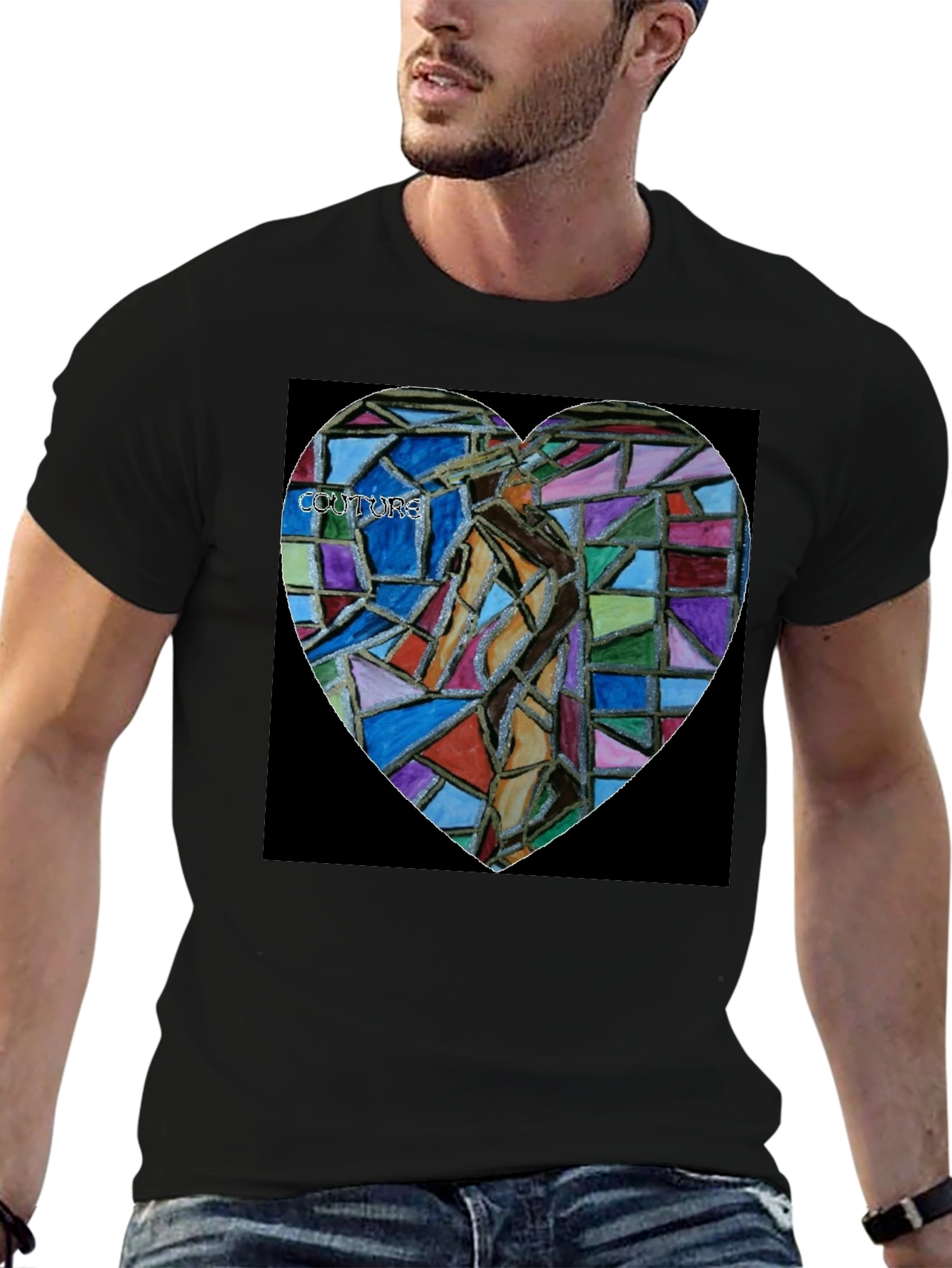 Abstract Mosaic Heart Graphic Tee - Black Cotton Blend