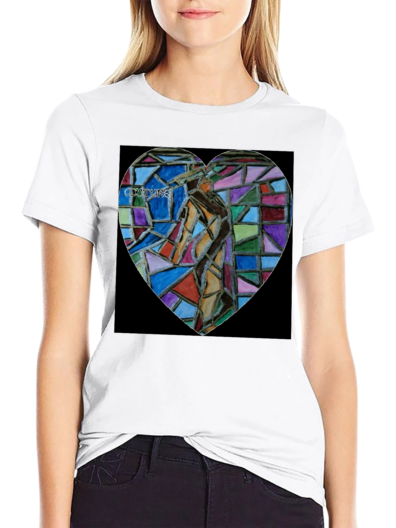 Abstract Mosaic Heart Graphic Tee - Black Cotton Blend