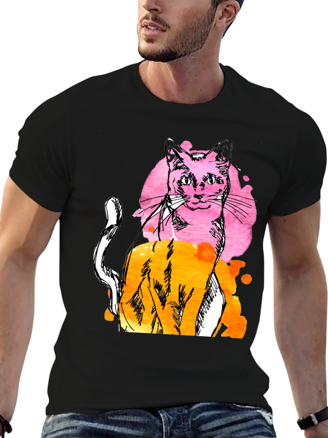 Abstract Cat Graphic Mens Black T-Shirt