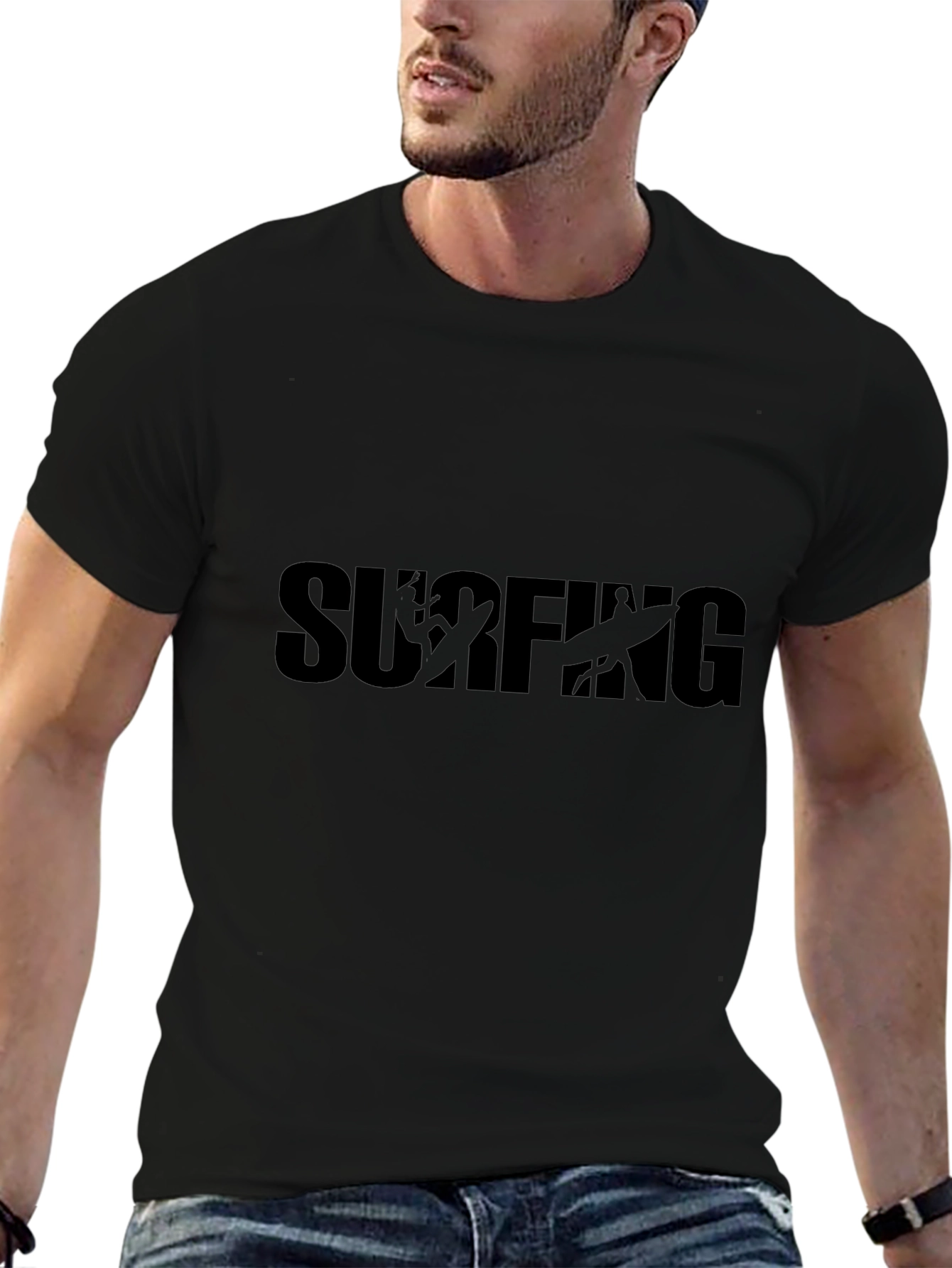 Surfing Graphic Tee - Black Cotton T-Shirt