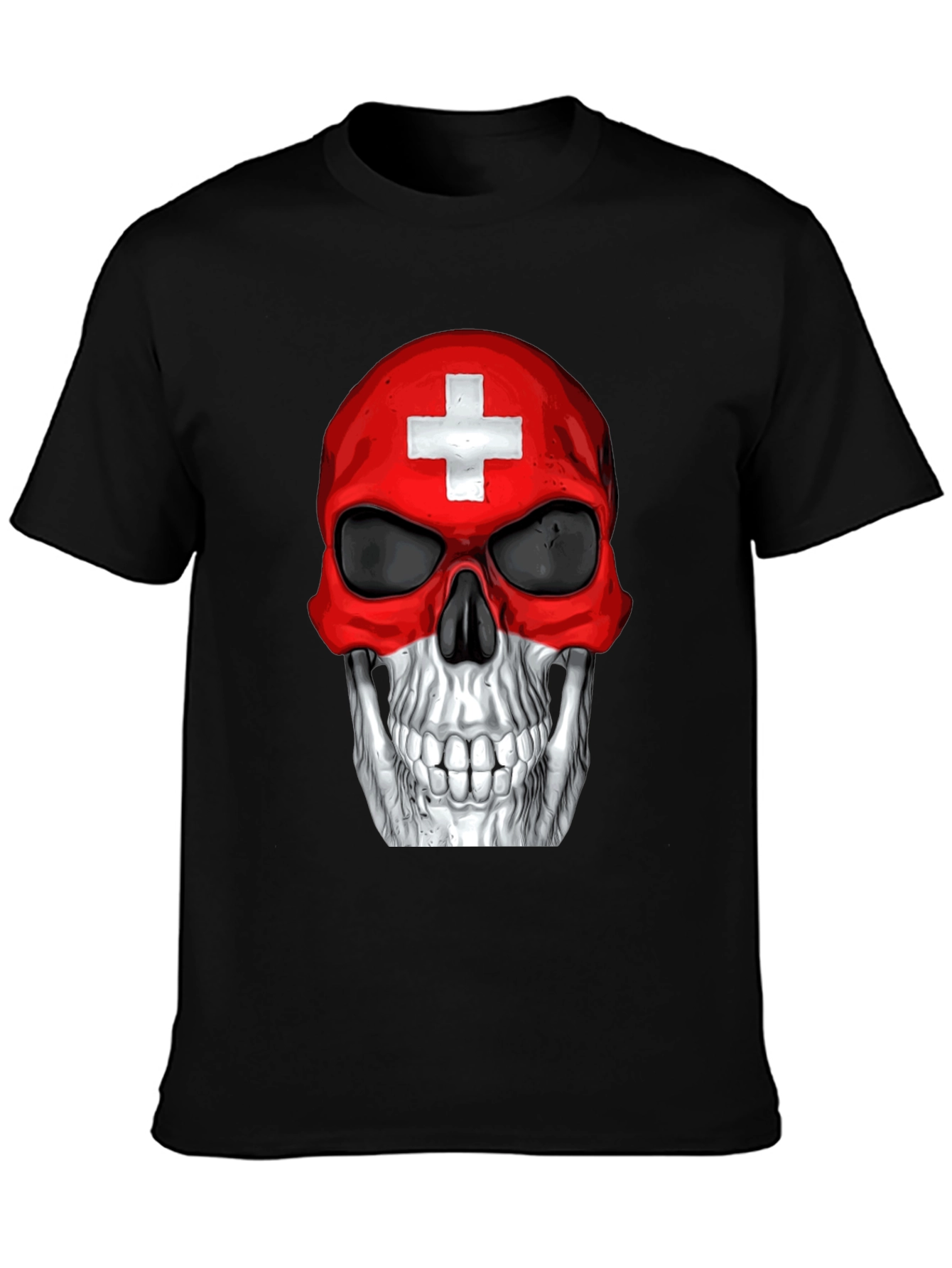 Swiss Flag Skull Graphic T-Shirt - Black