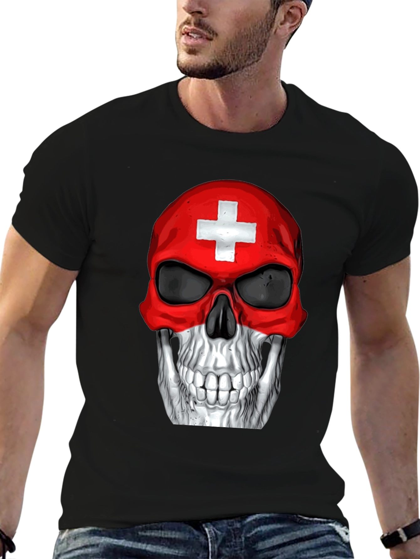 Swiss Flag Skull Graphic T-Shirt - Black