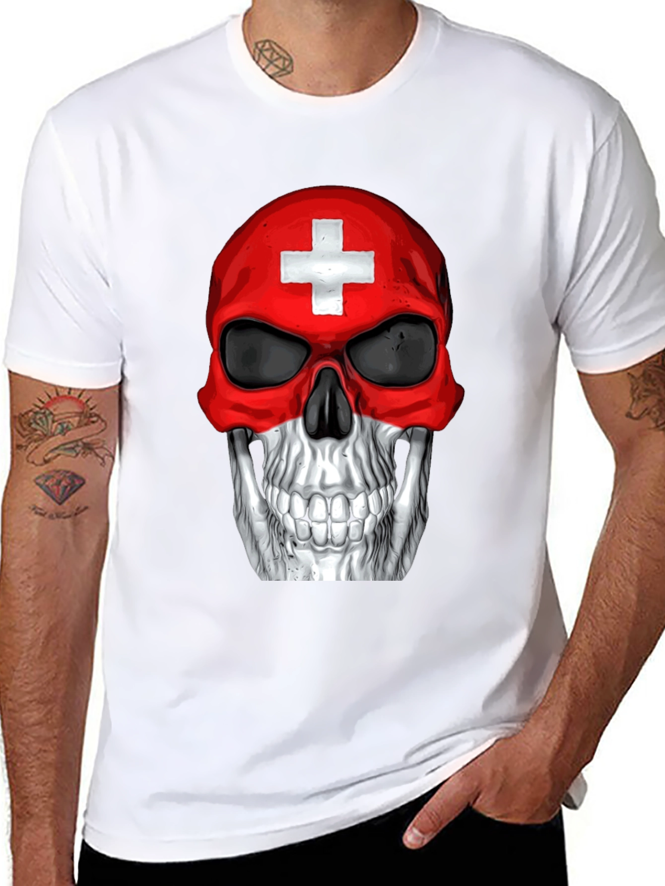 Swiss Flag Skull Graphic T-Shirt - Black