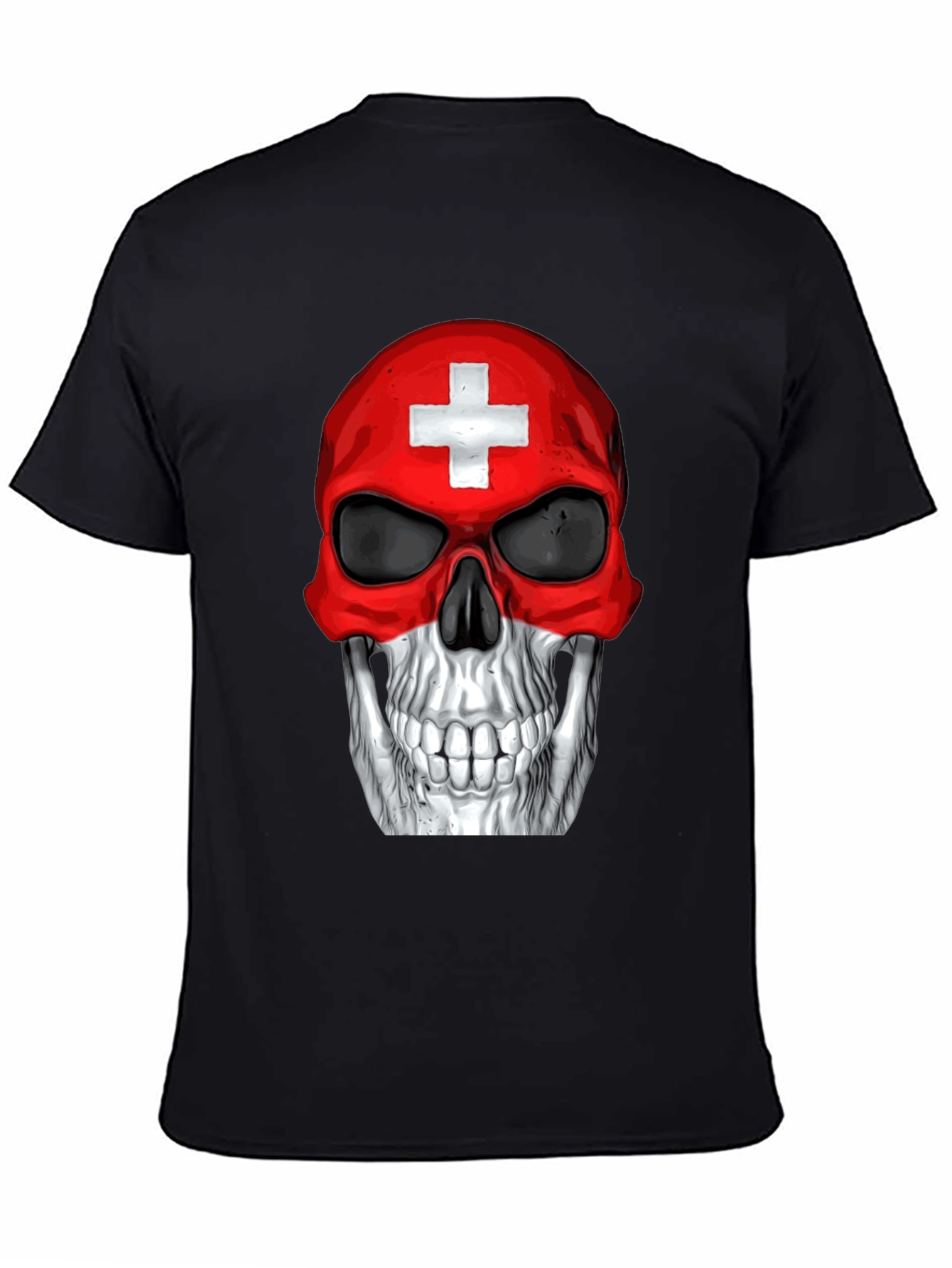 Swiss Flag Skull Graphic T-Shirt - Black