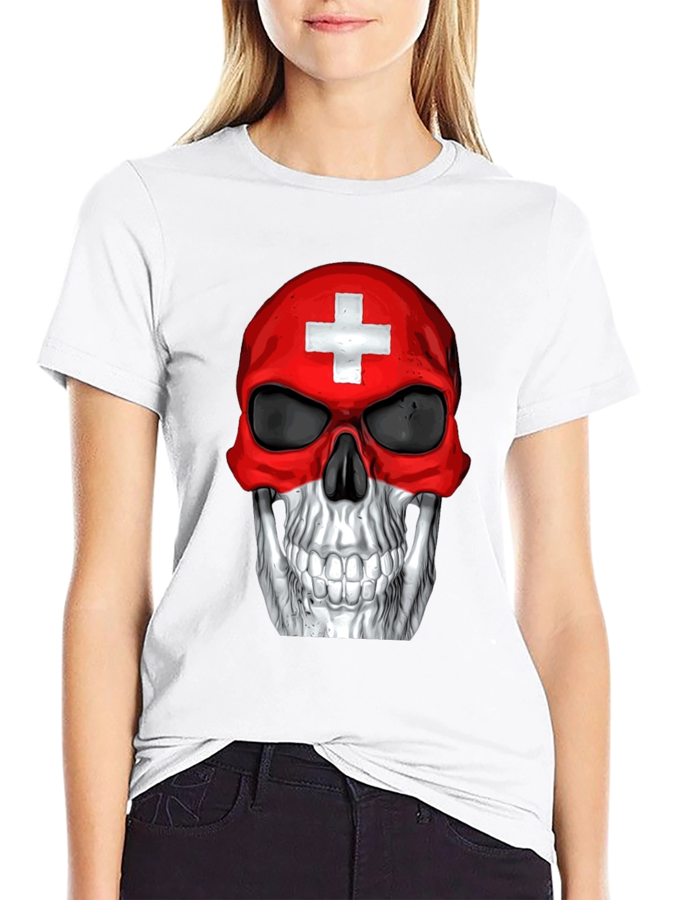 Swiss Flag Skull Graphic T-Shirt - Black