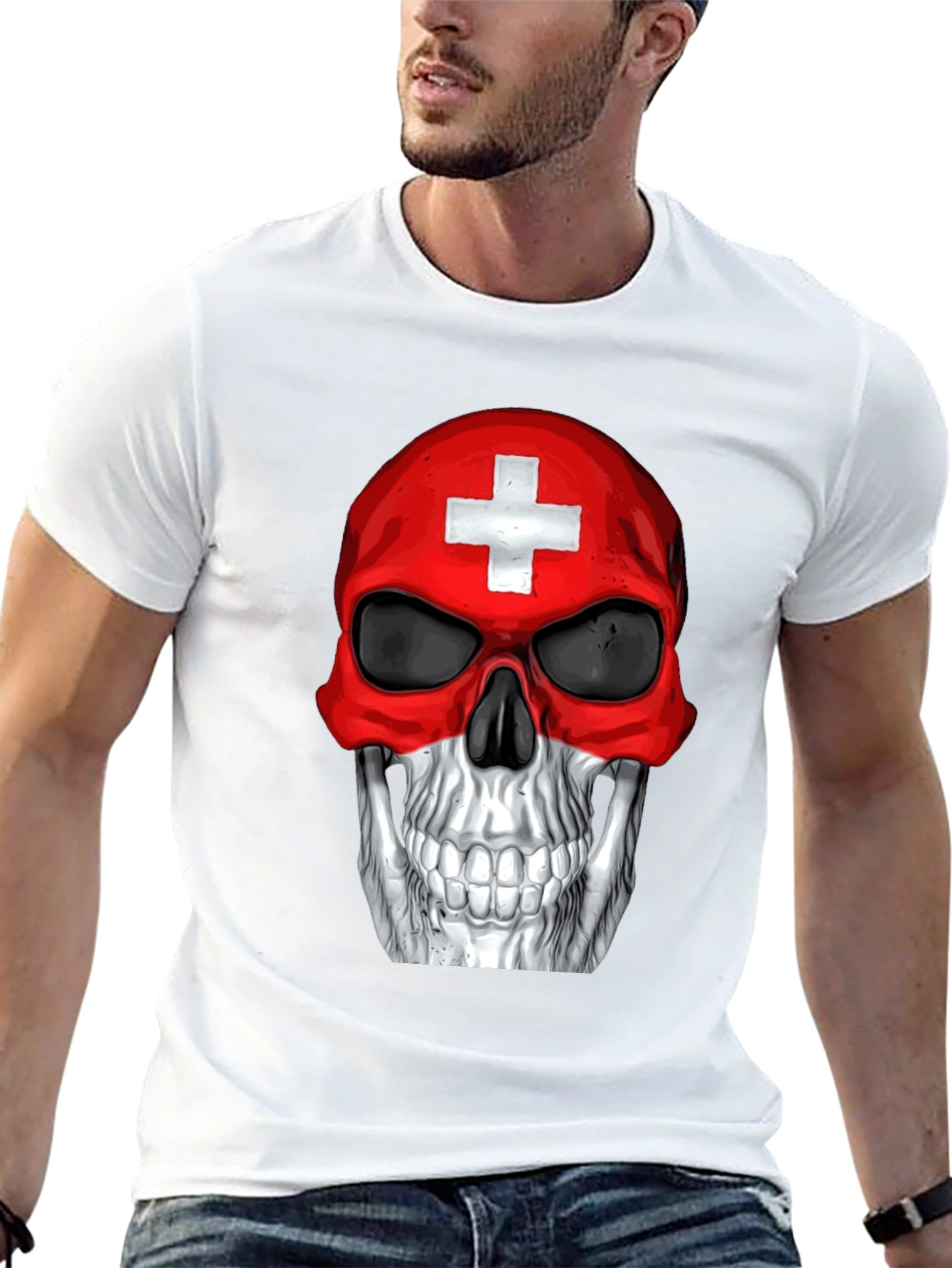 Swiss Flag Skull Graphic T-Shirt - Black