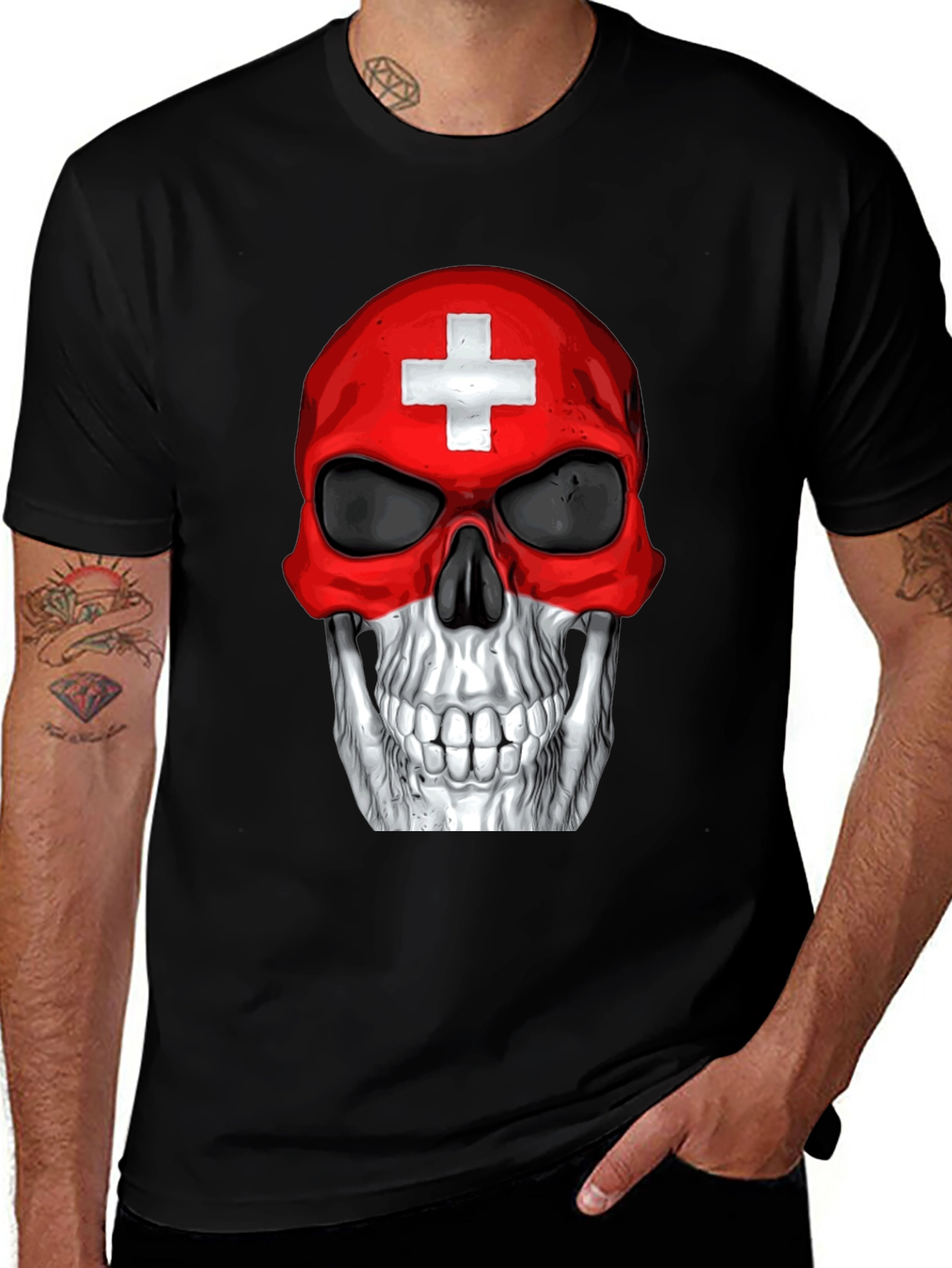 Swiss Flag Skull Graphic T-Shirt - Black