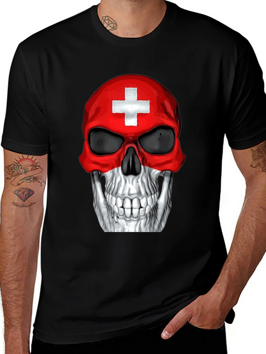 Swiss Flag Skull Graphic T-Shirt - Black