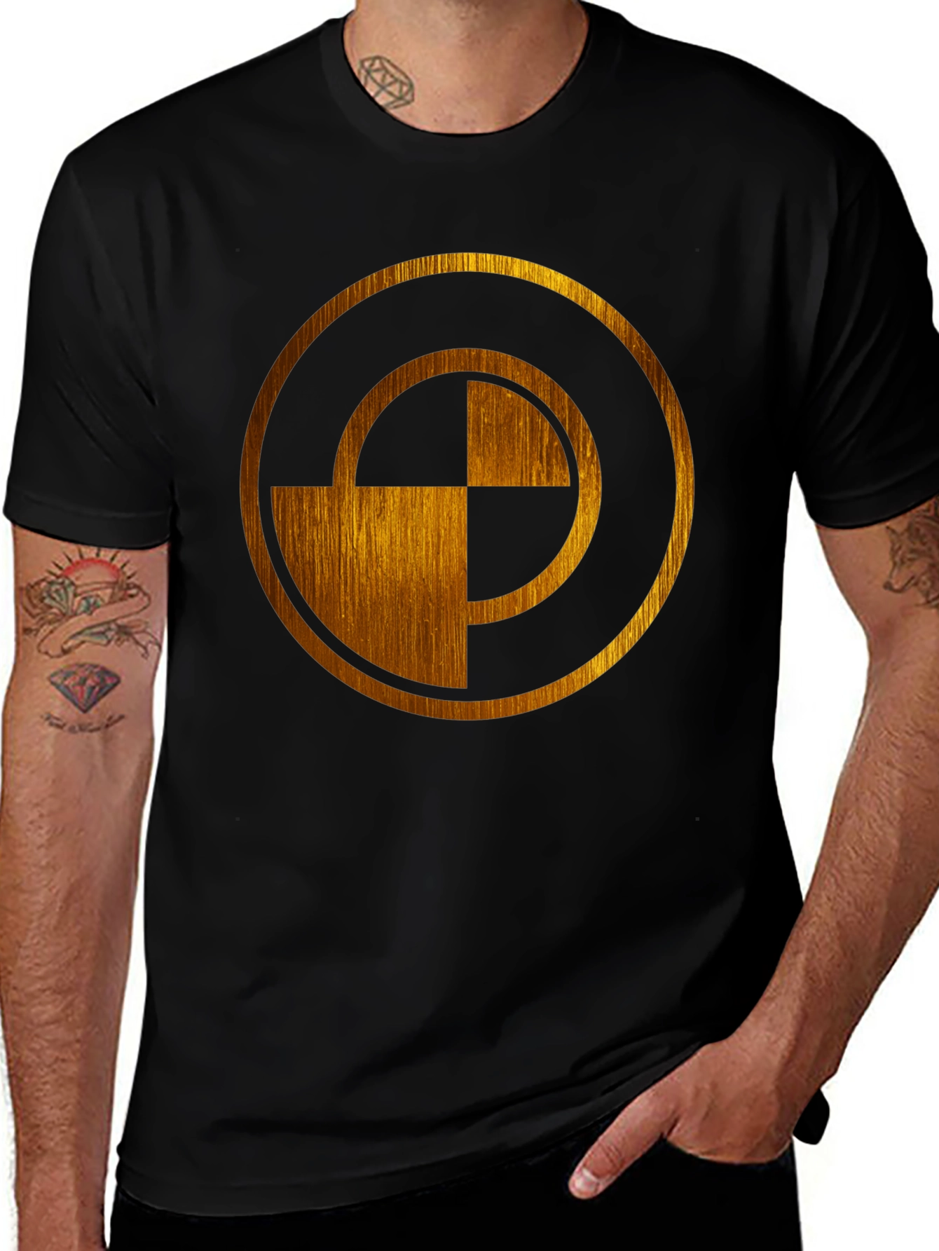 Abstract Gold Circle Design Black T-Shirt