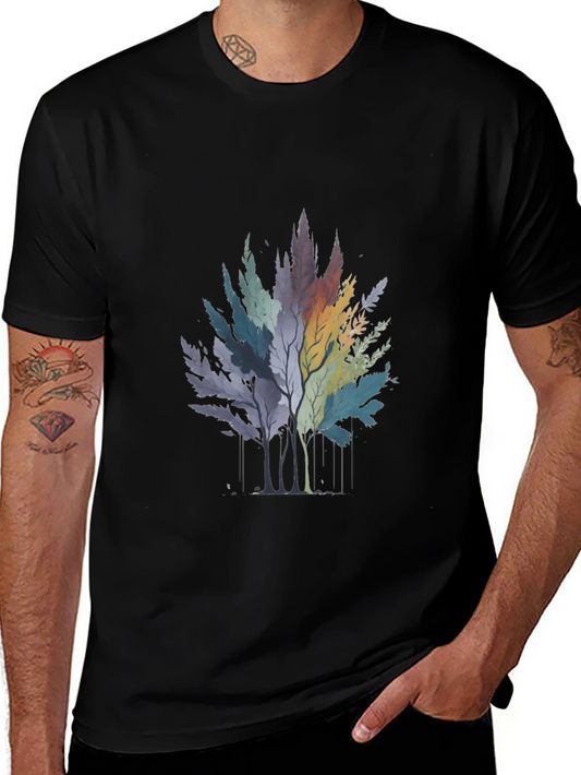 Abstract Multi-Color Tree Graphic Tee - Black