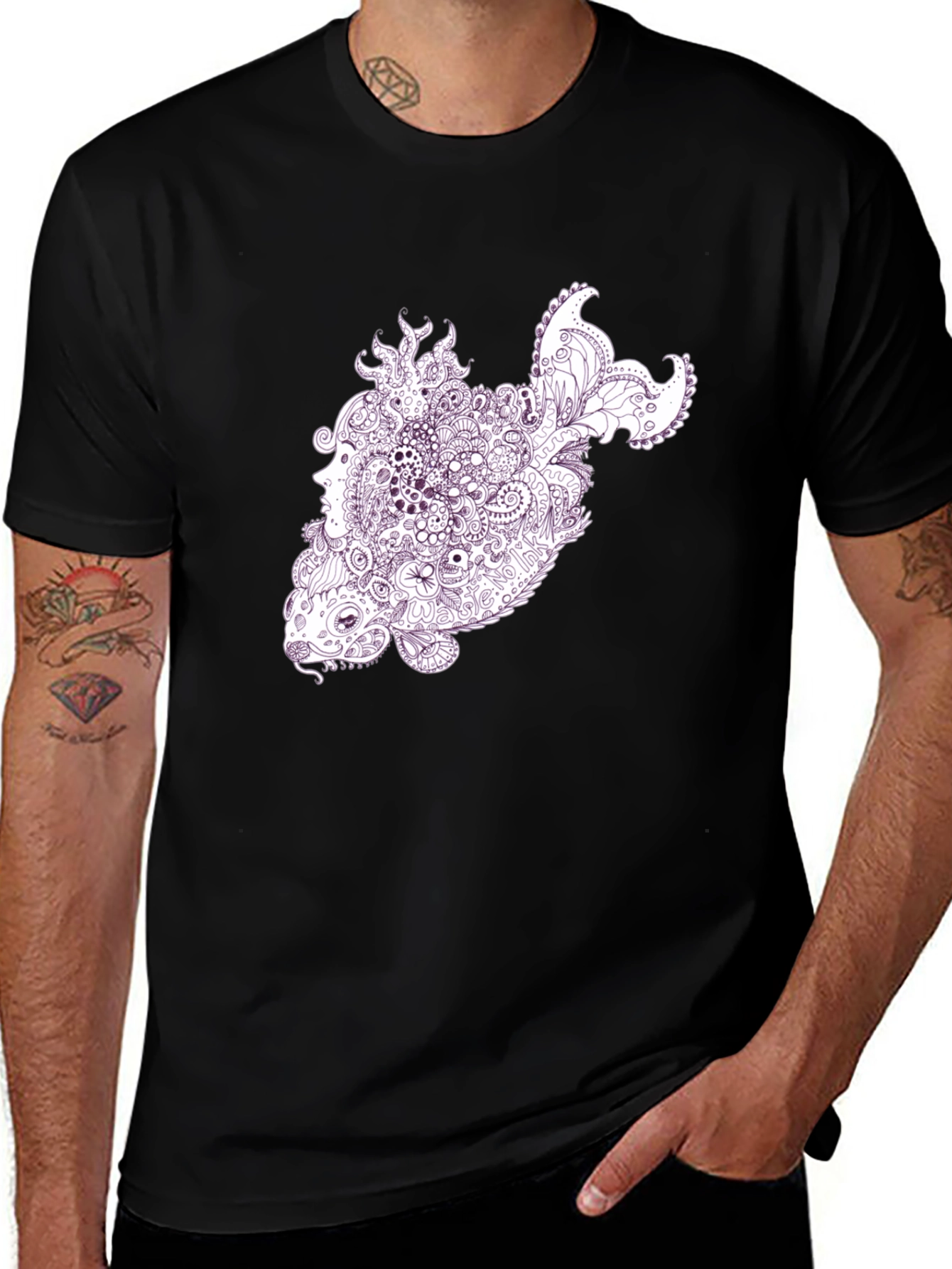 Abstract Fish Graphic T-Shirt - Black Crew Neck