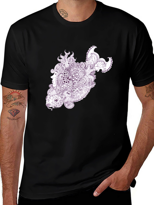 Abstract Fish Graphic T-Shirt - Black Crew Neck