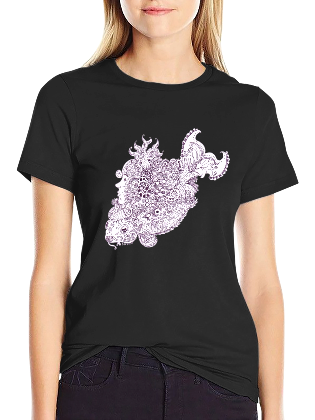 Abstract Fish Graphic T-Shirt - Black Crew Neck