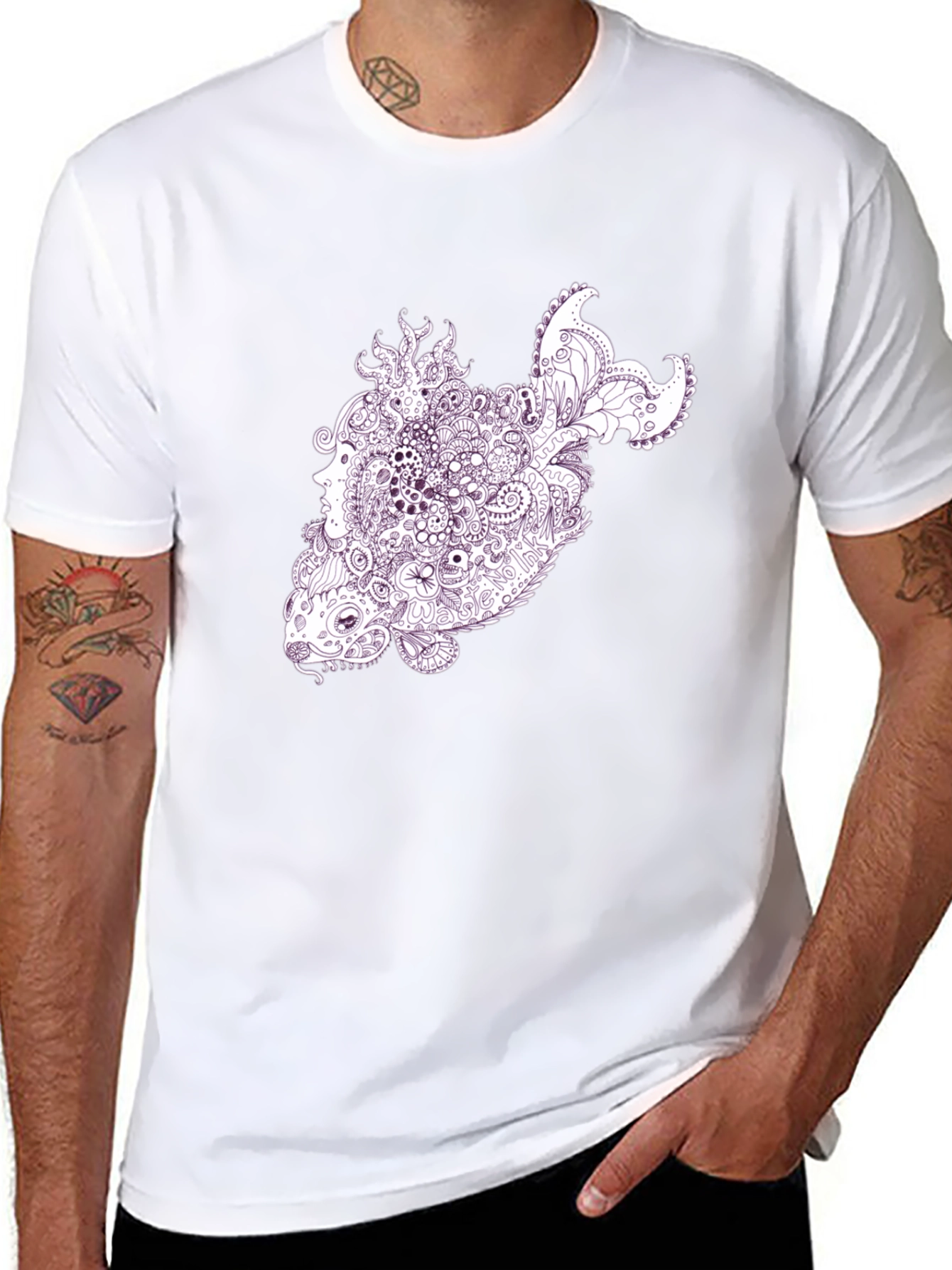 Abstract Fish Graphic T-Shirt - Black Crew Neck