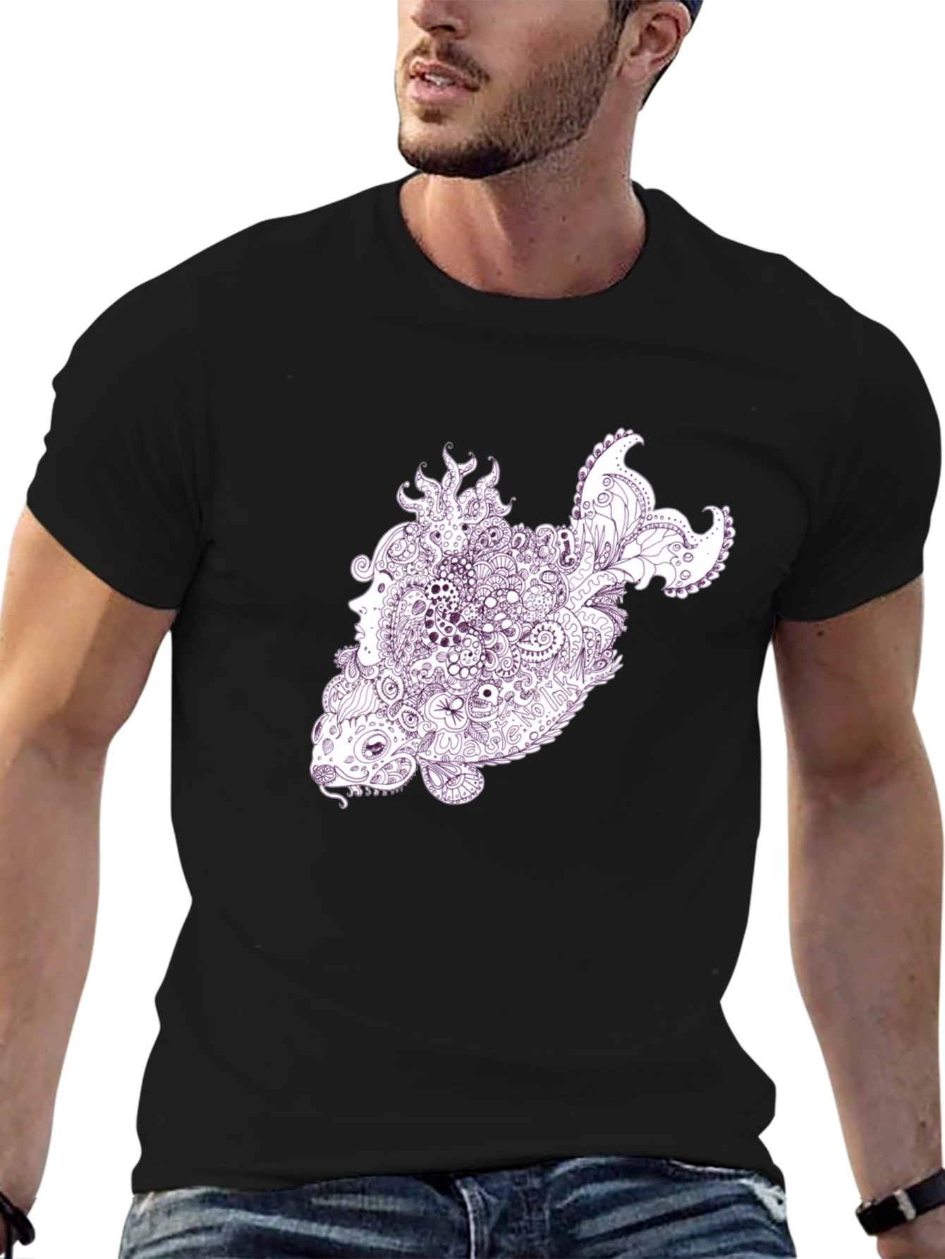 Abstract Fish Graphic T-Shirt - Black Crew Neck