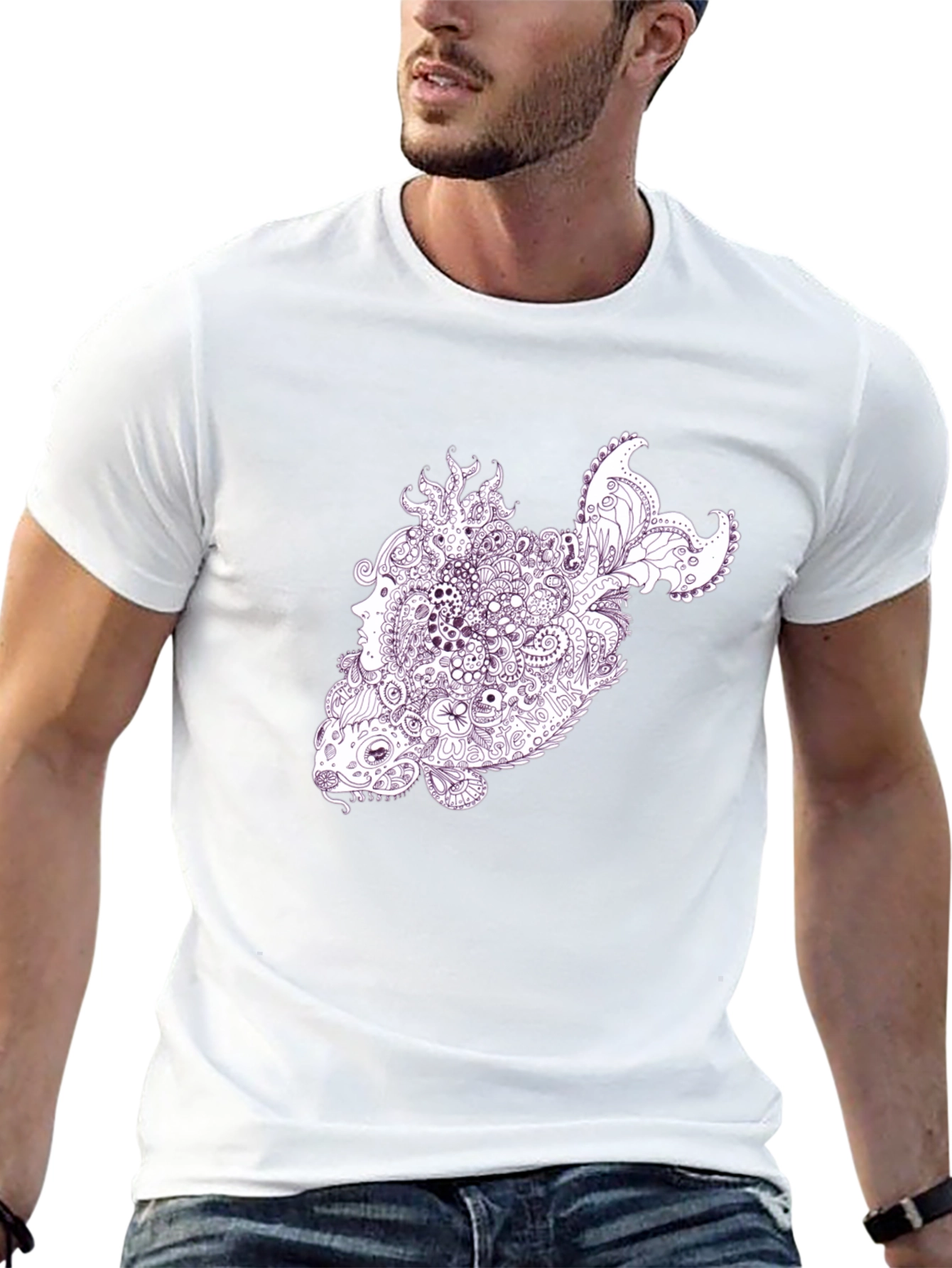 Abstract Fish Graphic T-Shirt - Black Crew Neck