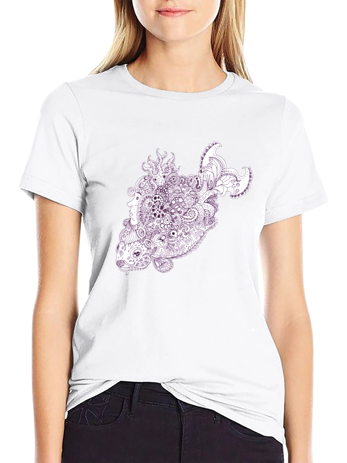 Abstract Fish Graphic T-Shirt - Black Crew Neck