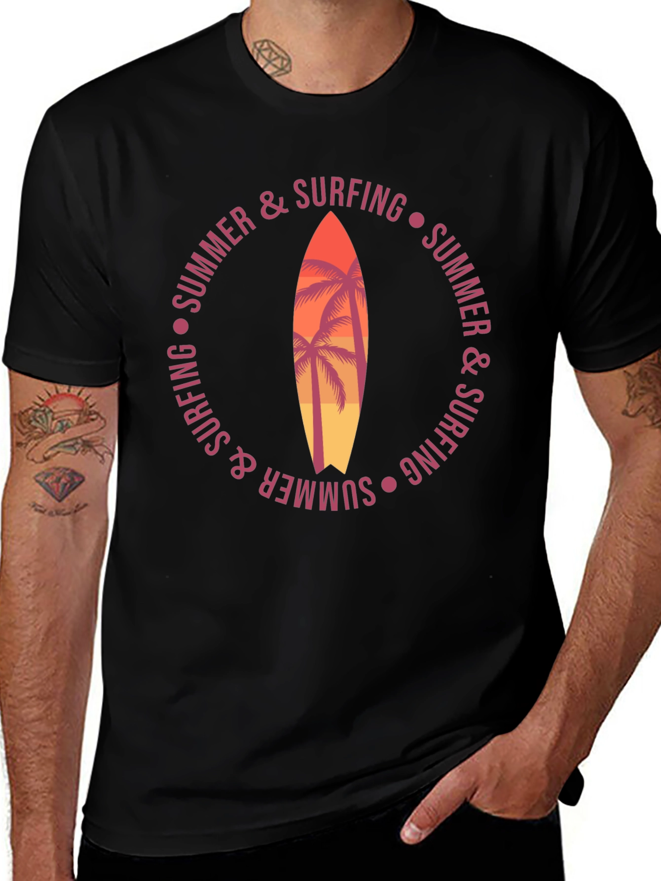 Summer Surfing Graphic T-Shirt Palm Tree Surfboard Tee