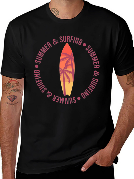 Summer Surfing Graphic T-Shirt Palm Tree Surfboard Tee