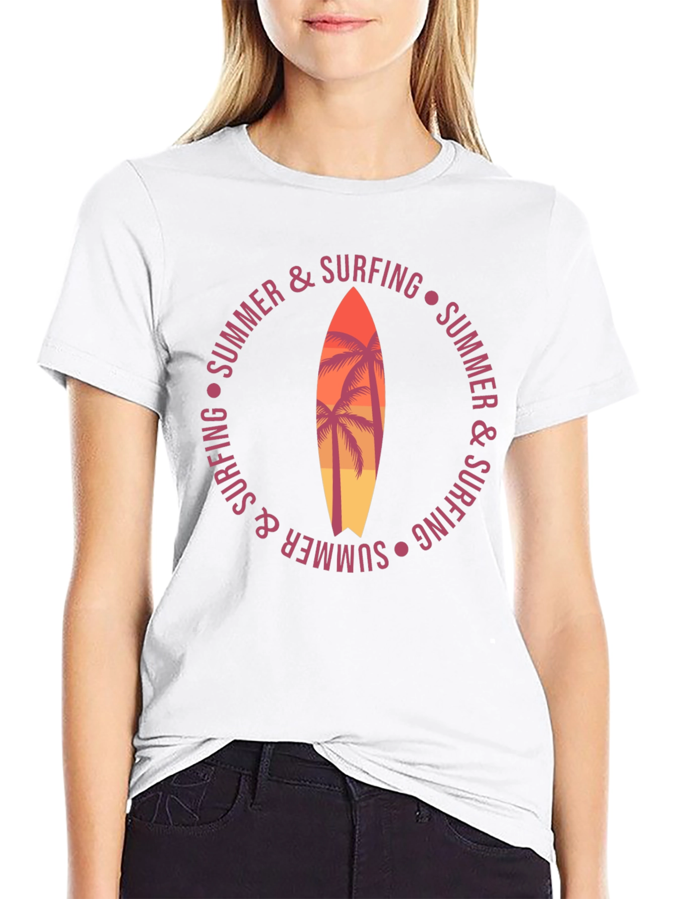 Summer Surfing Graphic T-Shirt Palm Tree Surfboard Tee