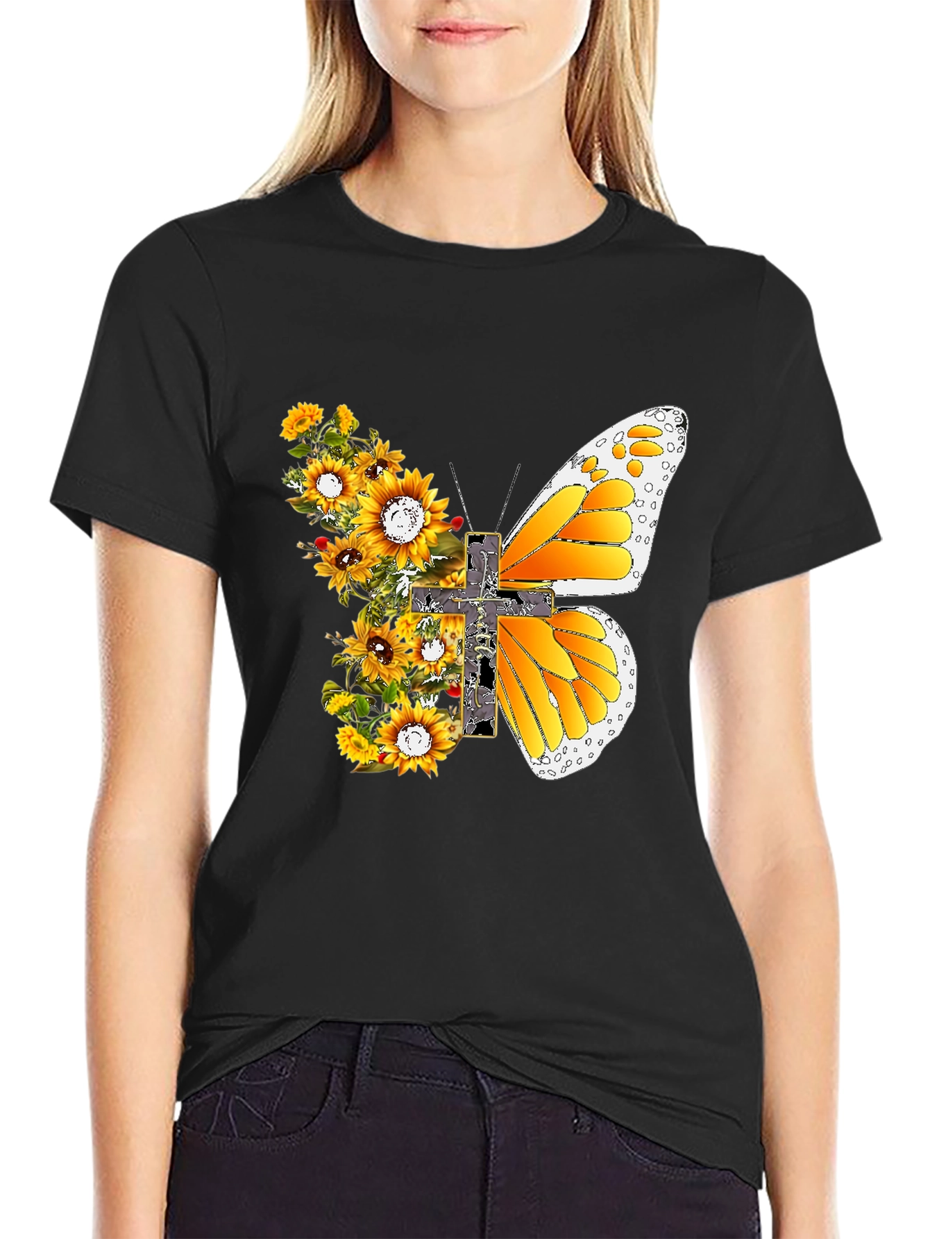 Sunflower Butterfly Cross T-Shirt