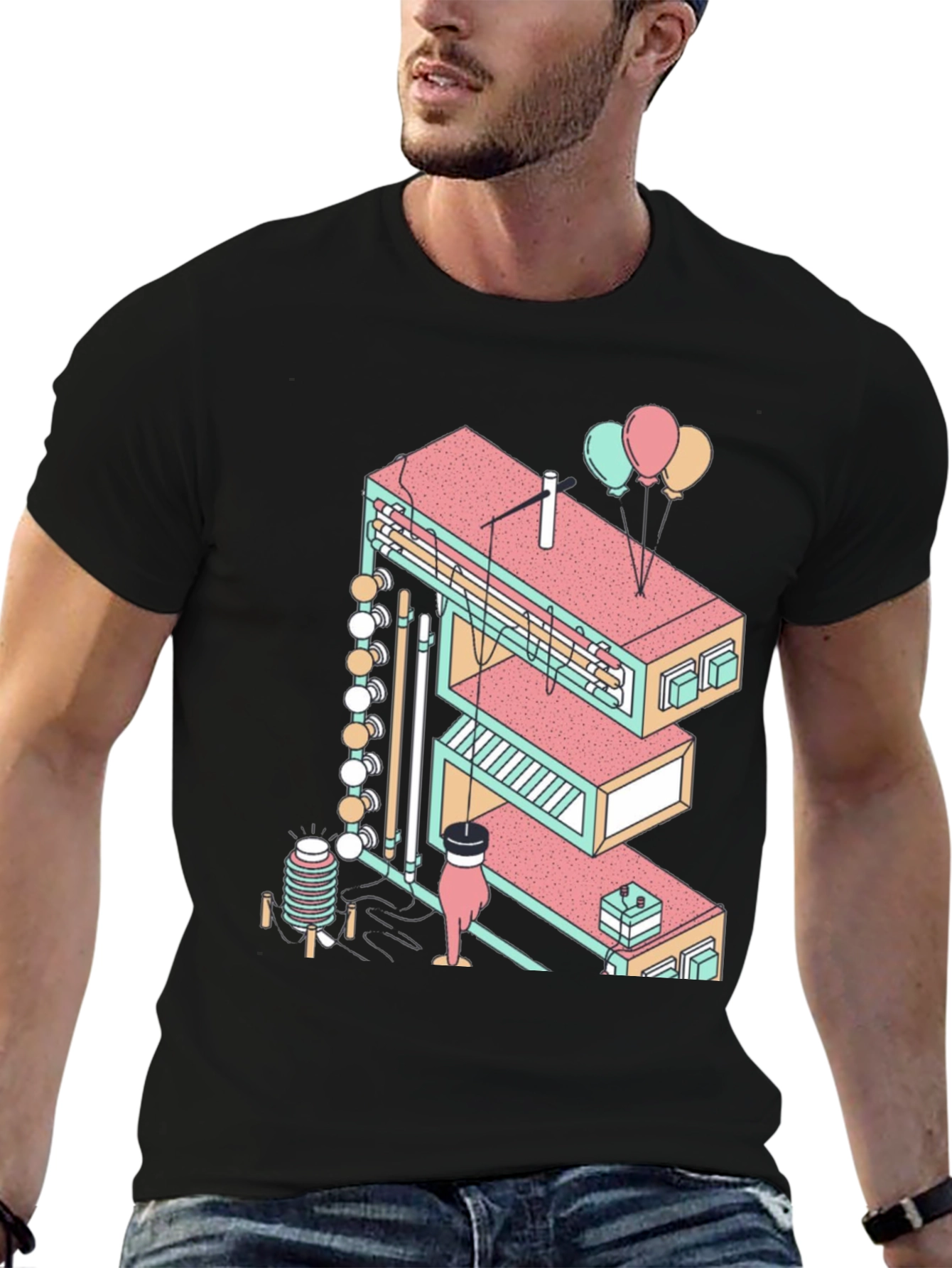 Abstract Isometric Letter E Graphic Tee - Black