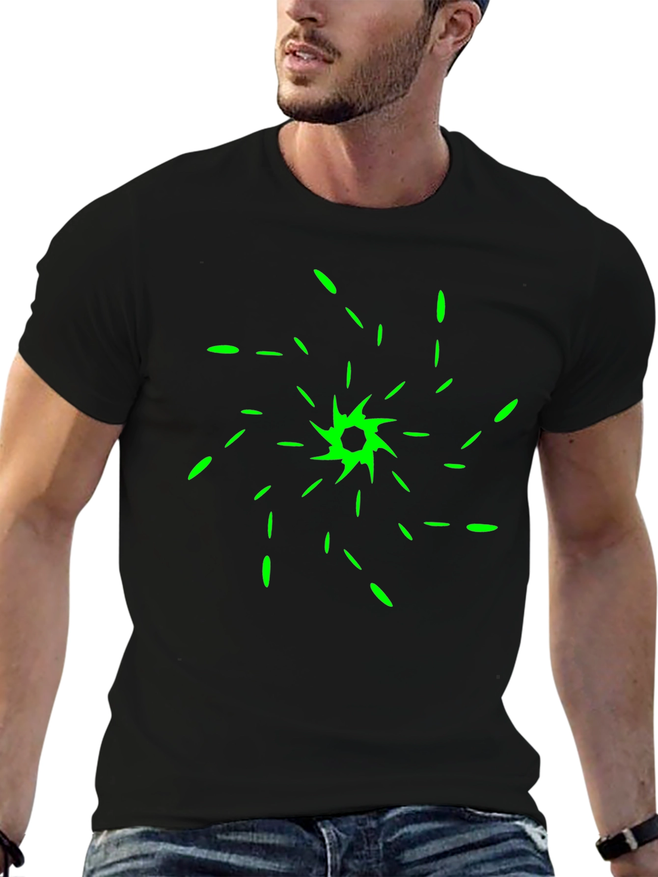 Abstract Green Spiral Design Black T-Shirt