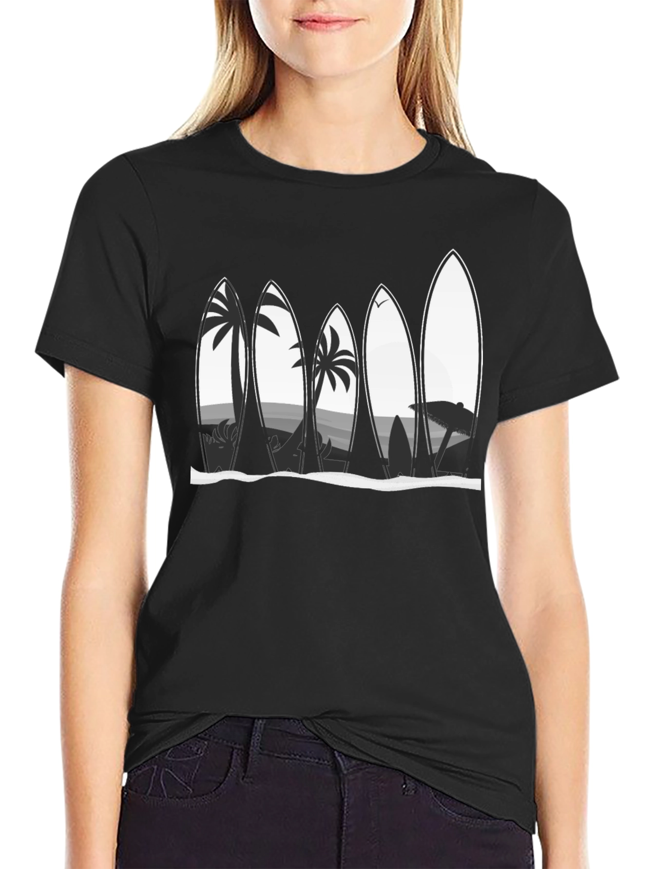 Surfboard Beach Scene Graphic Tee