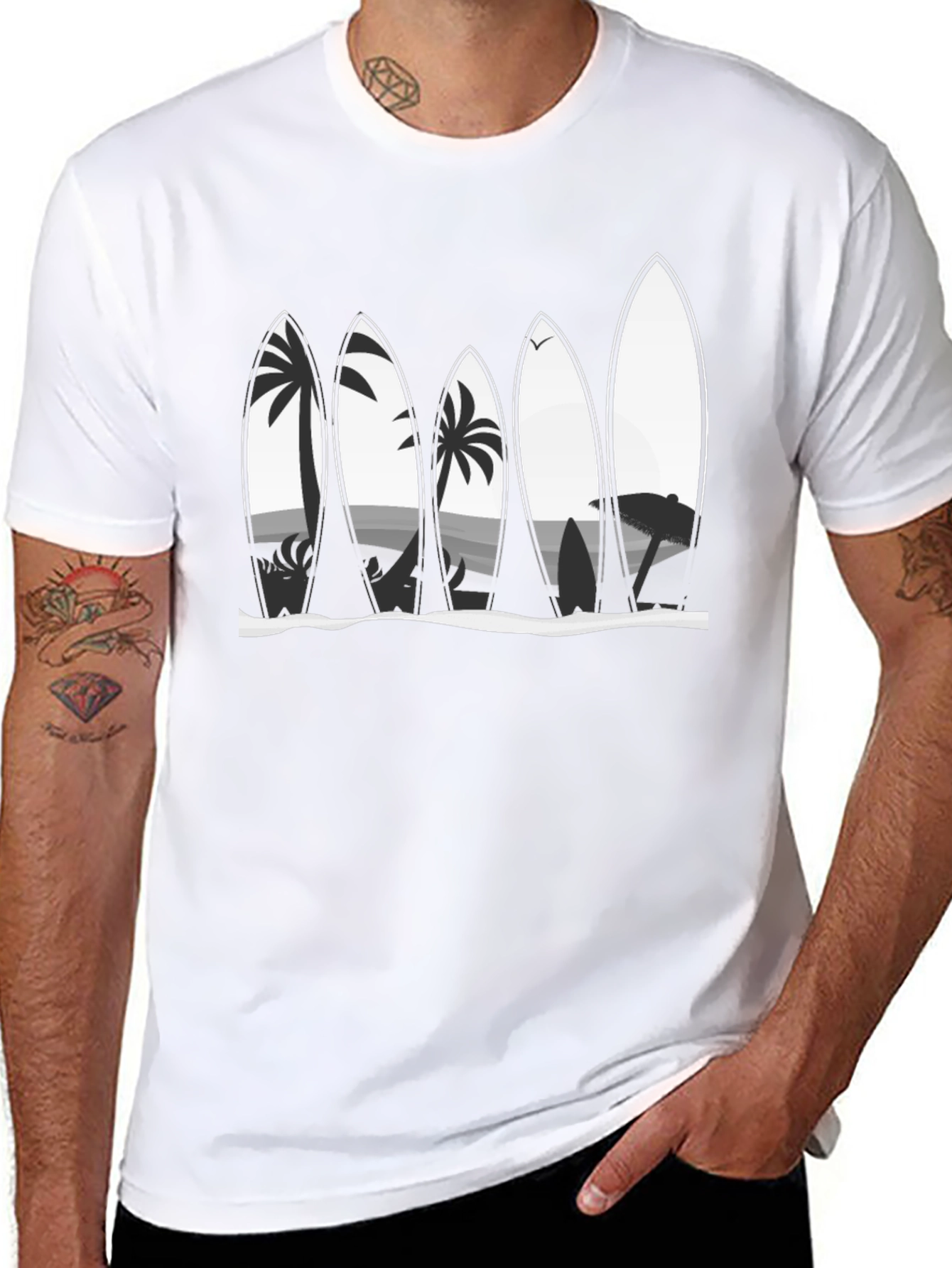 Surfboard Beach Scene Graphic Tee