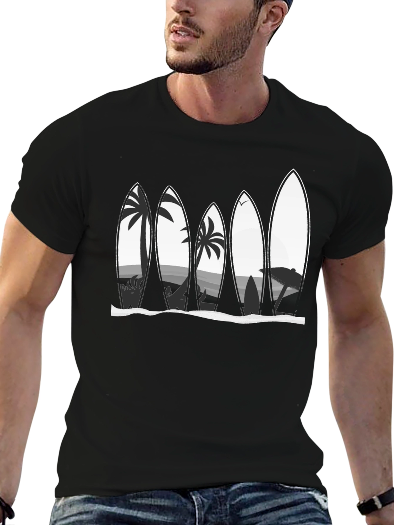 Surfboard Beach Scene Graphic Tee