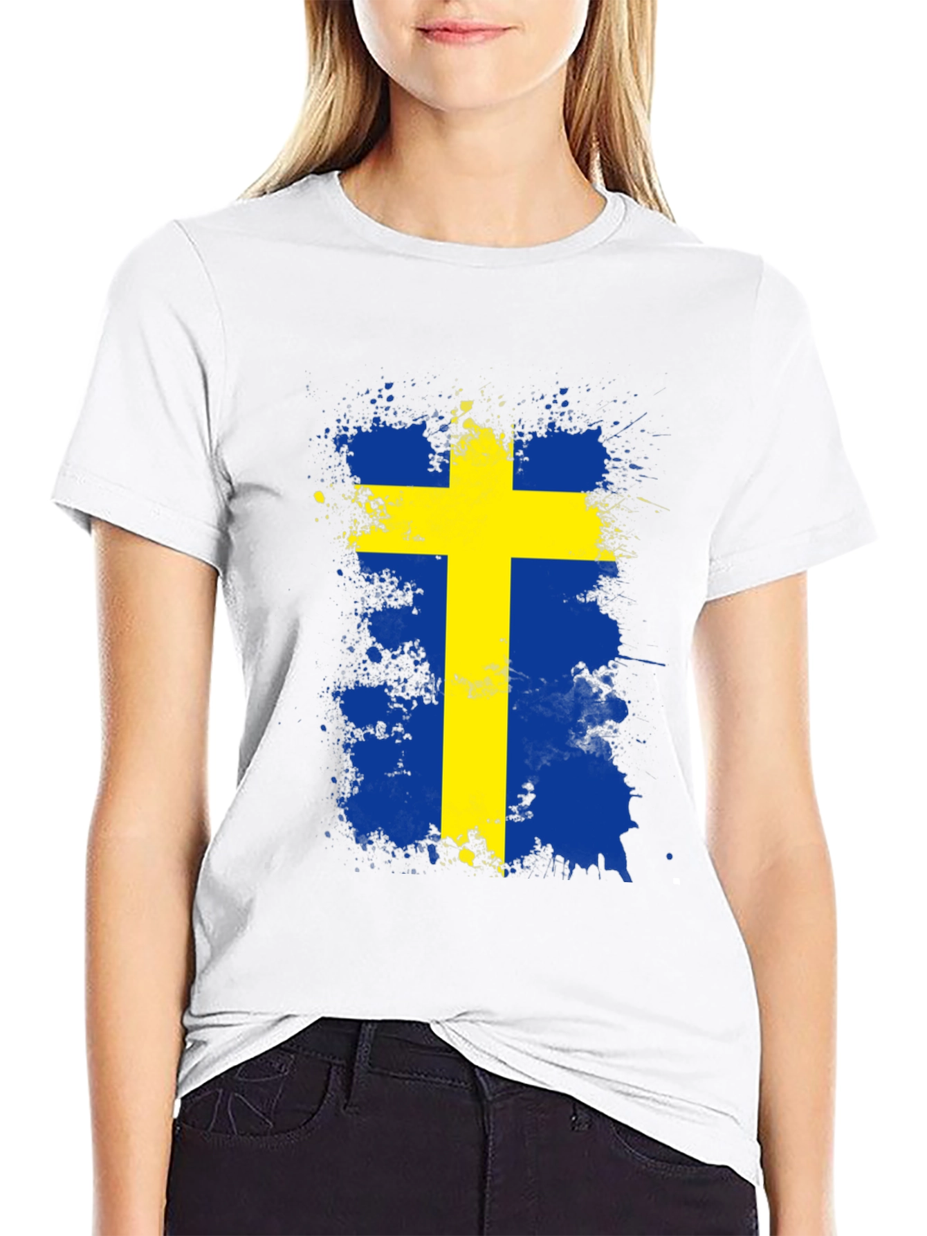 Sweden Flag Splatter Graphic Tee - Black