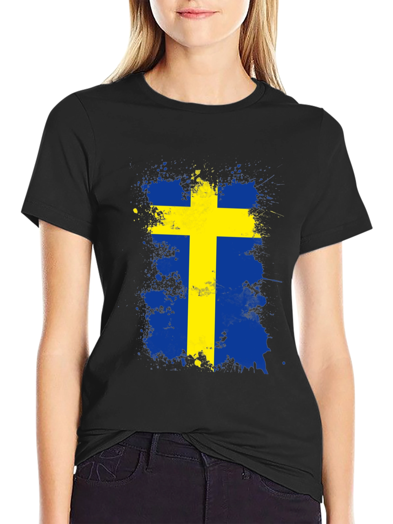 Sweden Flag Splatter Graphic Tee - Black