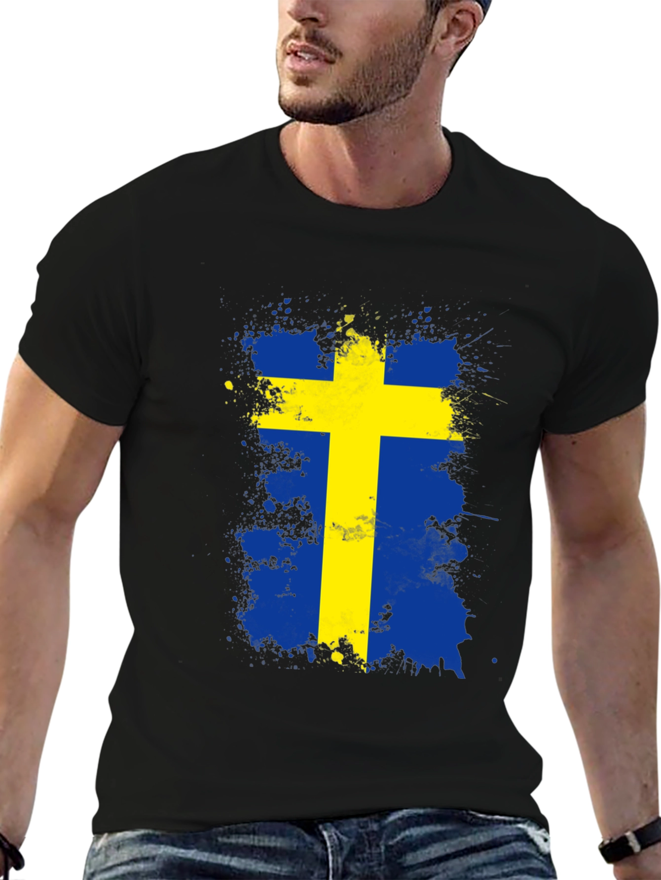 Sweden Flag Splatter Graphic Tee - Black