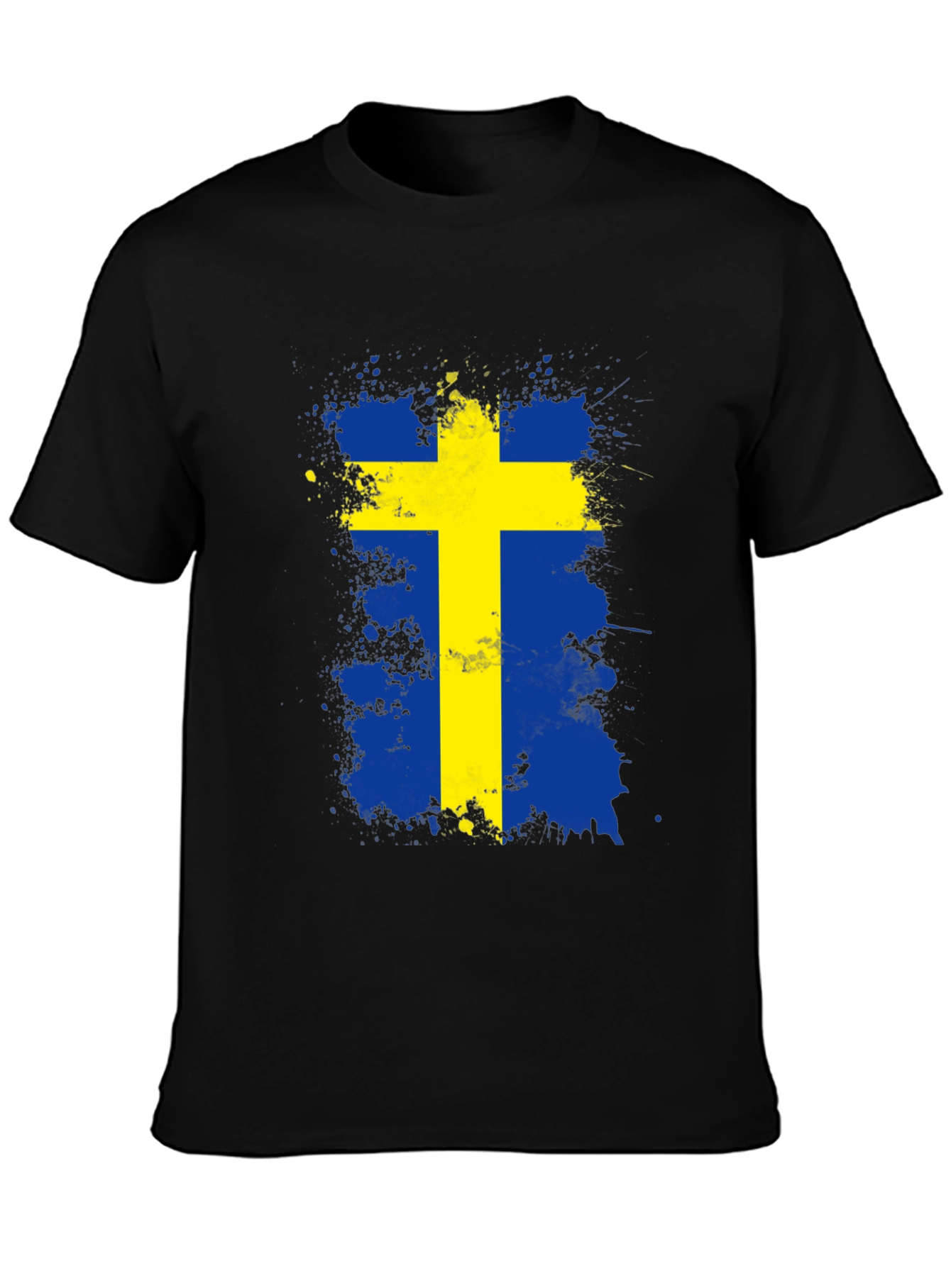 Sweden Flag Splatter Graphic Tee - Black