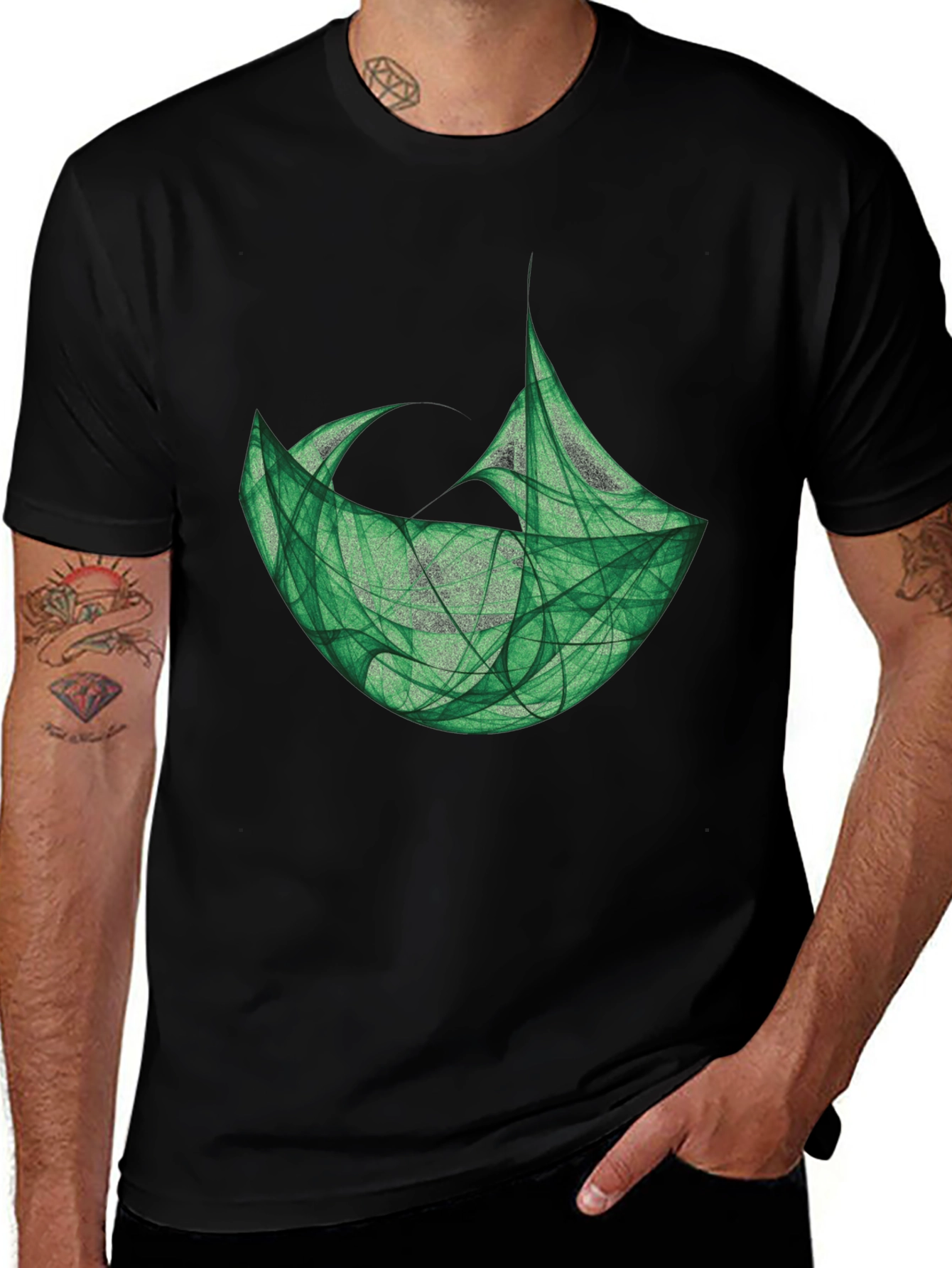 Abstract Green Graphic Black T-Shirt