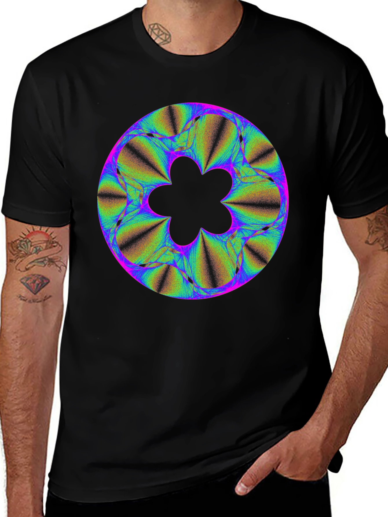 Abstract Fractal Flower Graphic Print Black T-Shirt